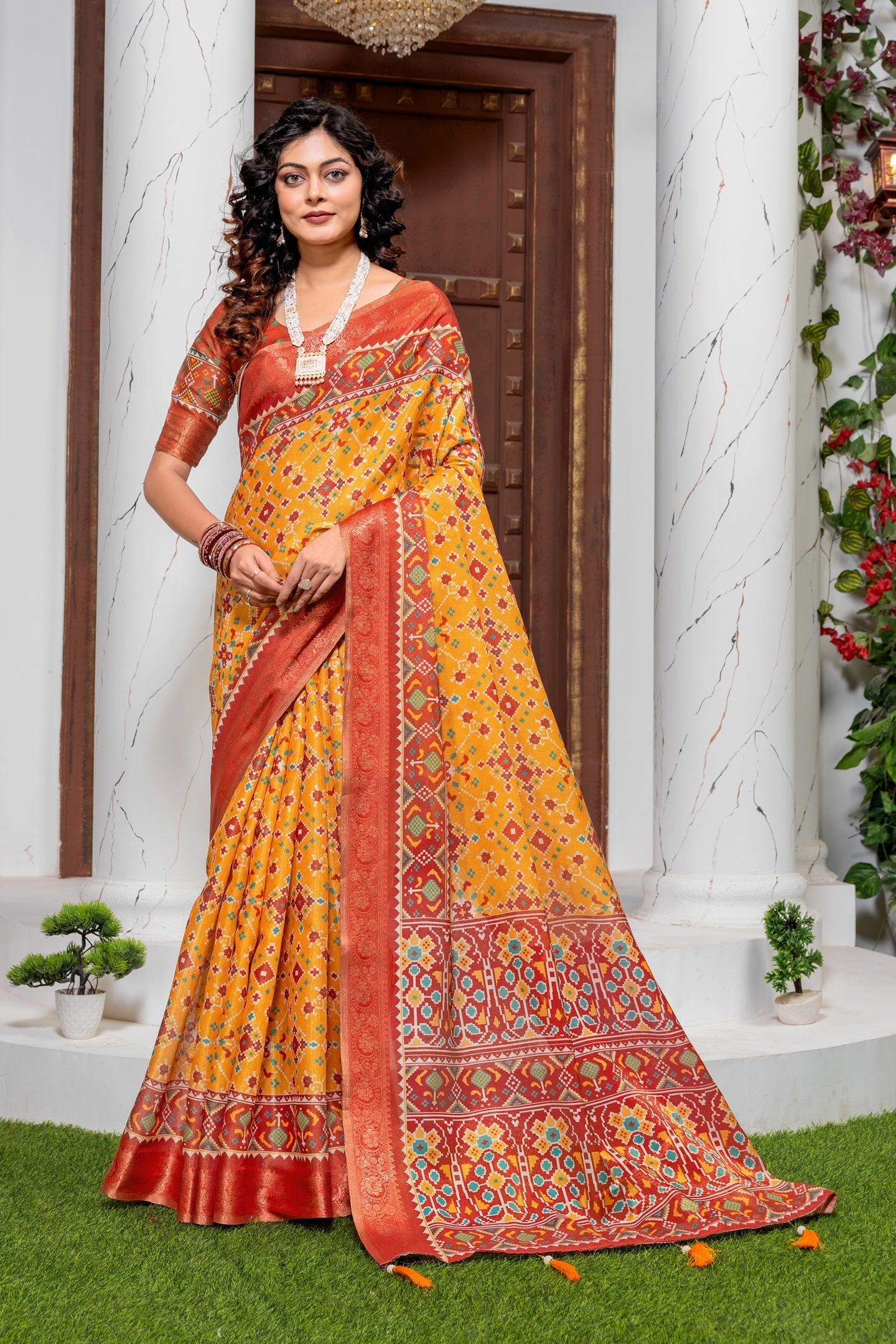 Exquisite Mustard & Rust Patola Print Art Silk Saree
