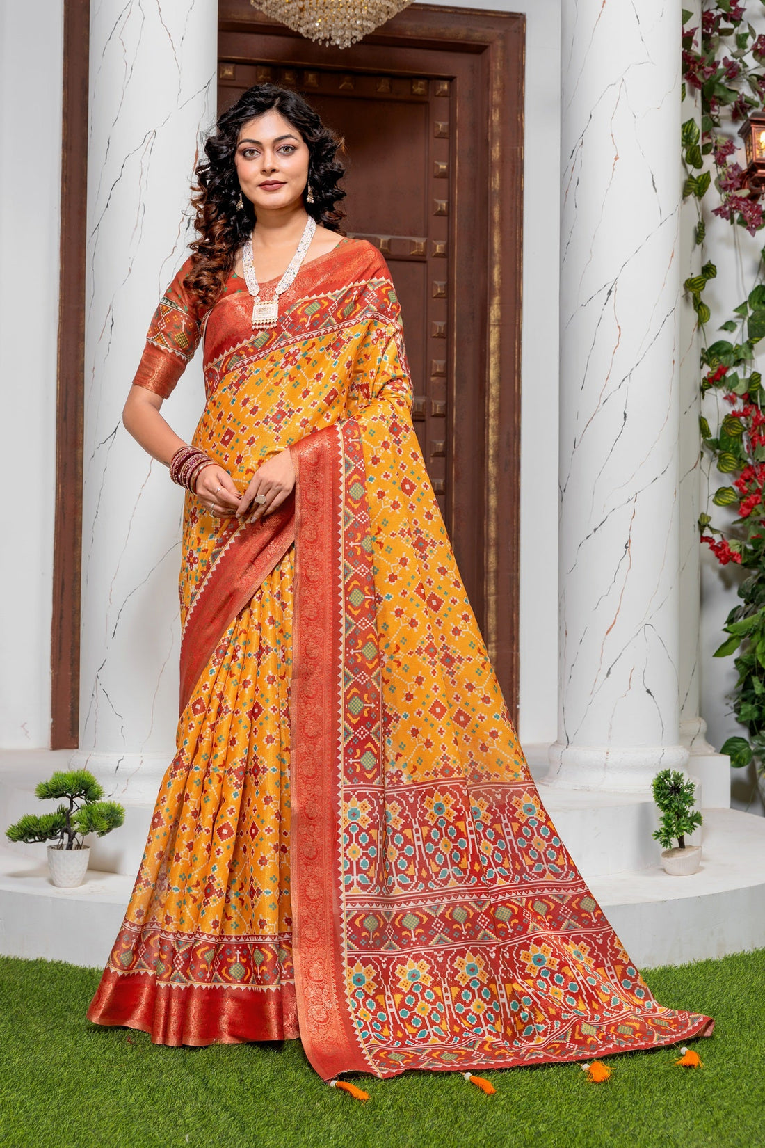 Exquisite Mustard & Rust Patola Print Art Silk Saree