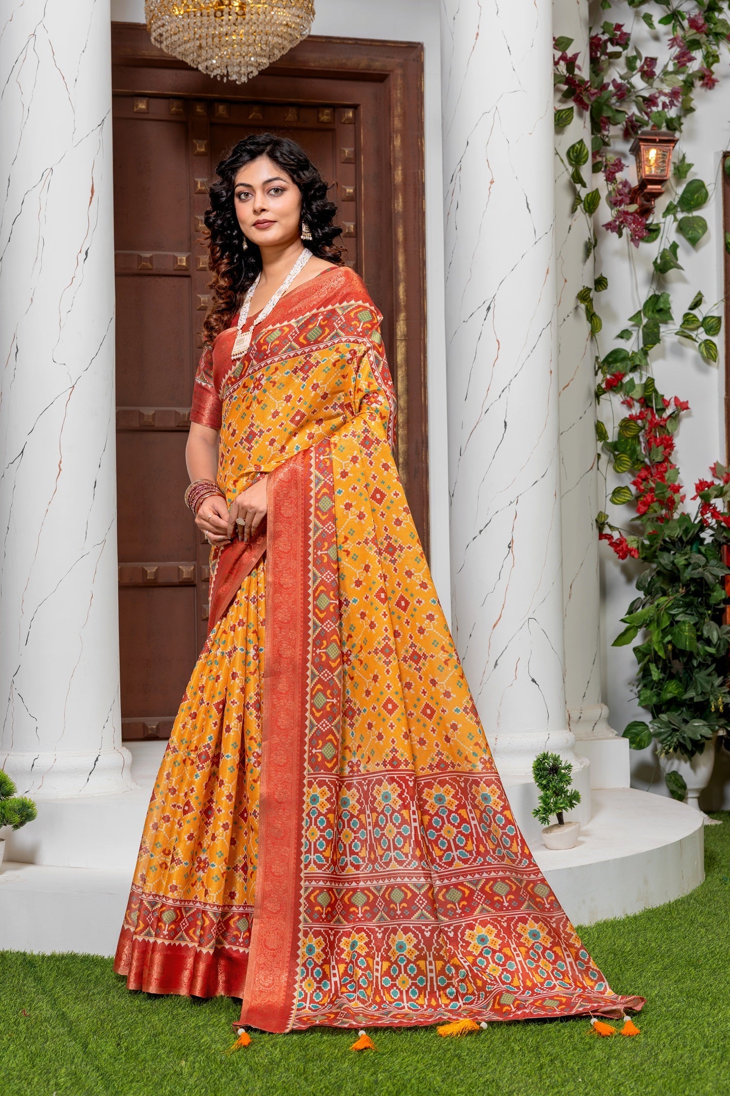 Exquisite Mustard & Rust Patola Print Art Silk Saree