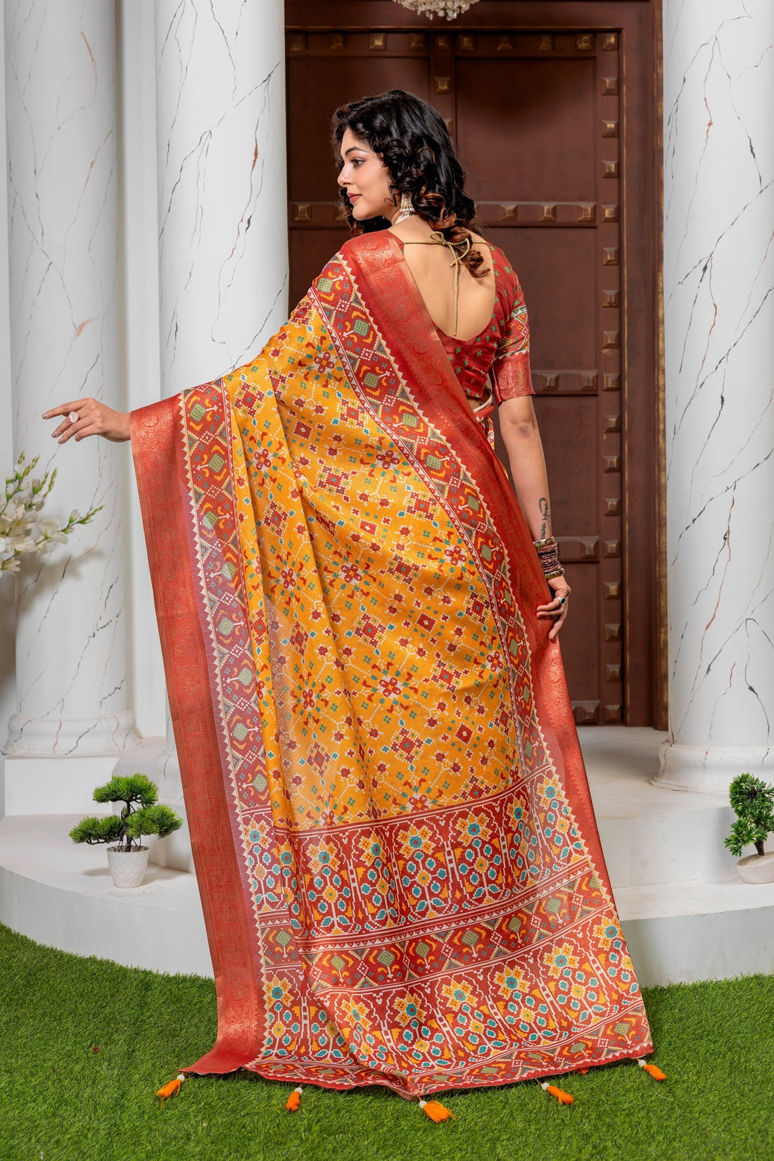 Exquisite Mustard & Rust Patola Print Art Silk Saree