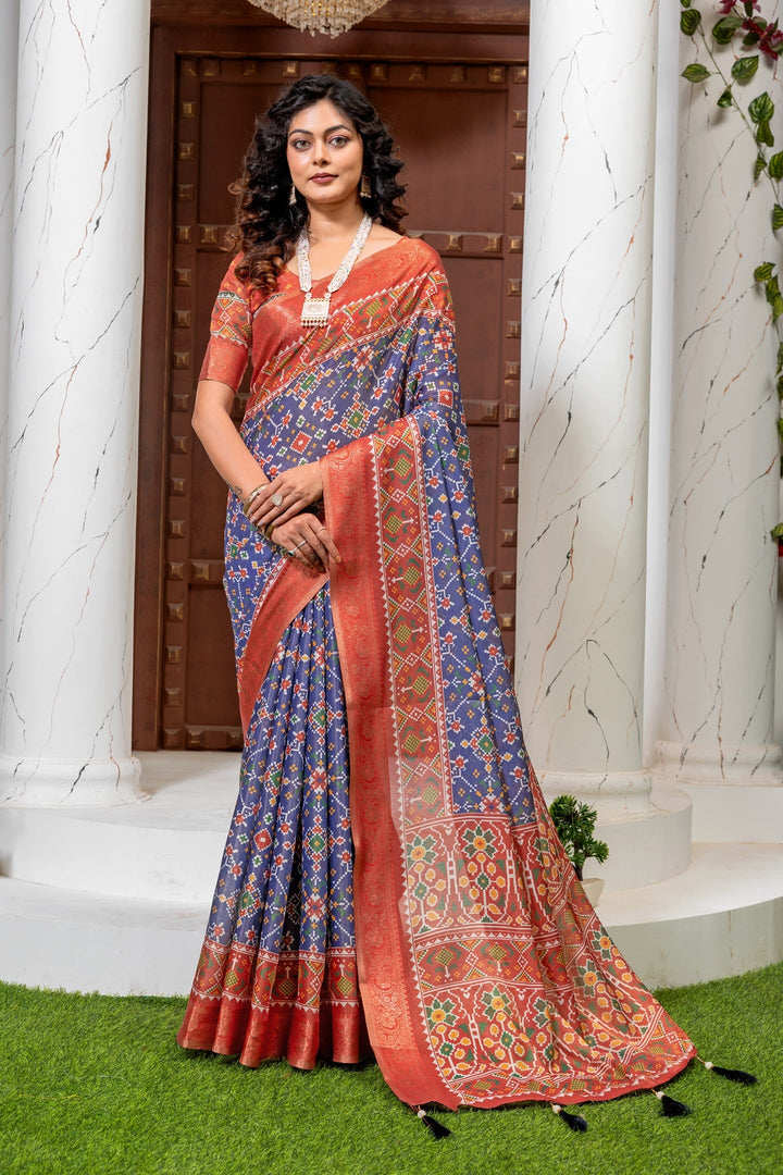 Exquisite Navy Blue & Rust Red Patola Silk Saree with Elegant Zari Border