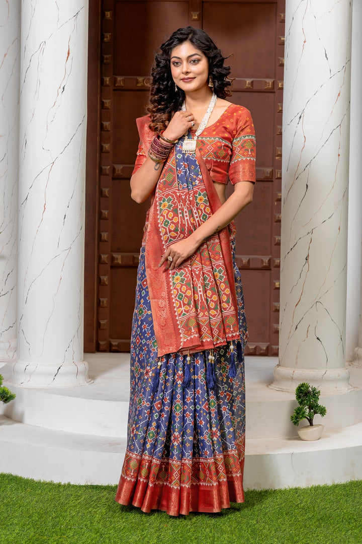 Exquisite Navy Blue & Rust Red Patola Silk Saree with Elegant Zari Border