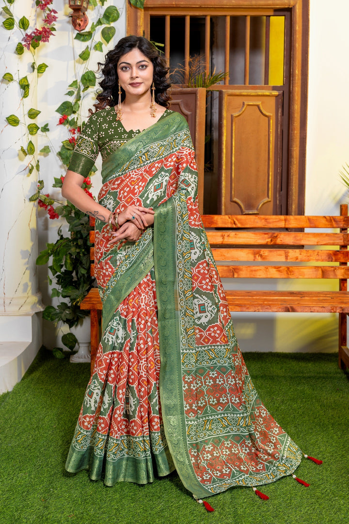 Elegant Heritage Green & Red Patola Print Art Silk Saree