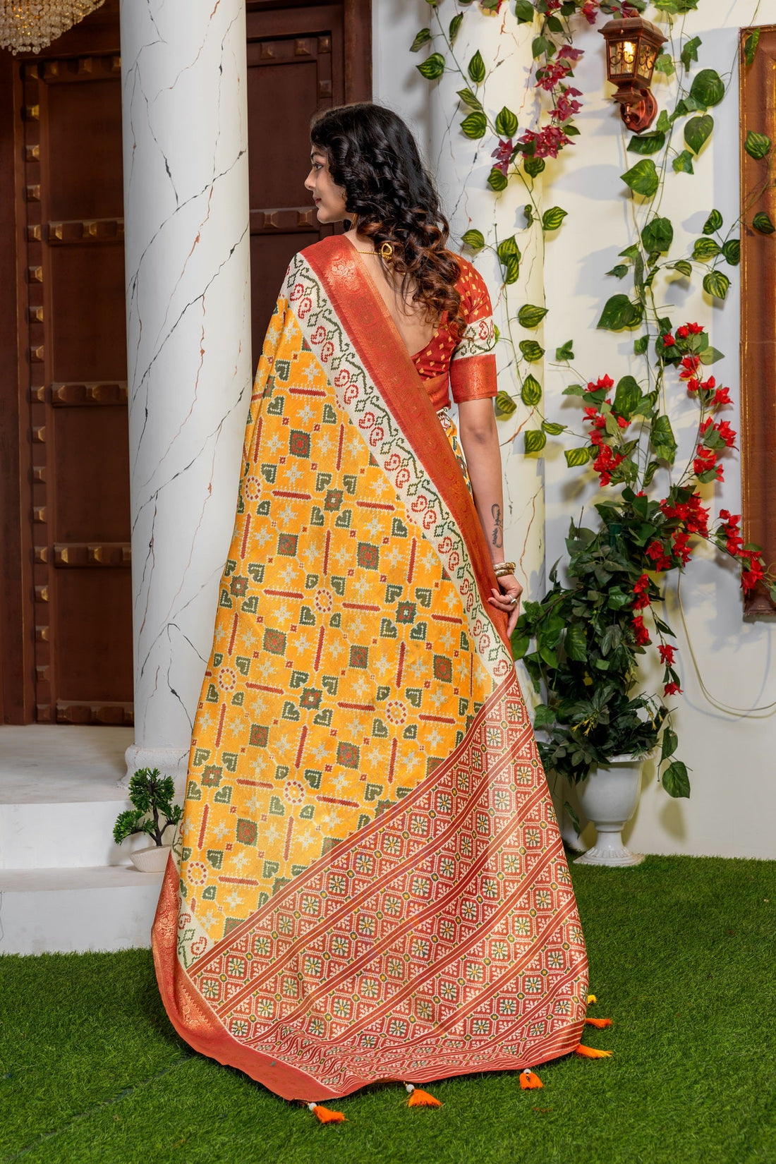 Elegant Mustard Yellow Patola Silk Saree with Rich Red Zari Border