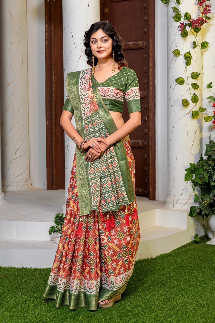 Elegant Red & Forest Green Patola Print Art Silk Saree with Zari Border