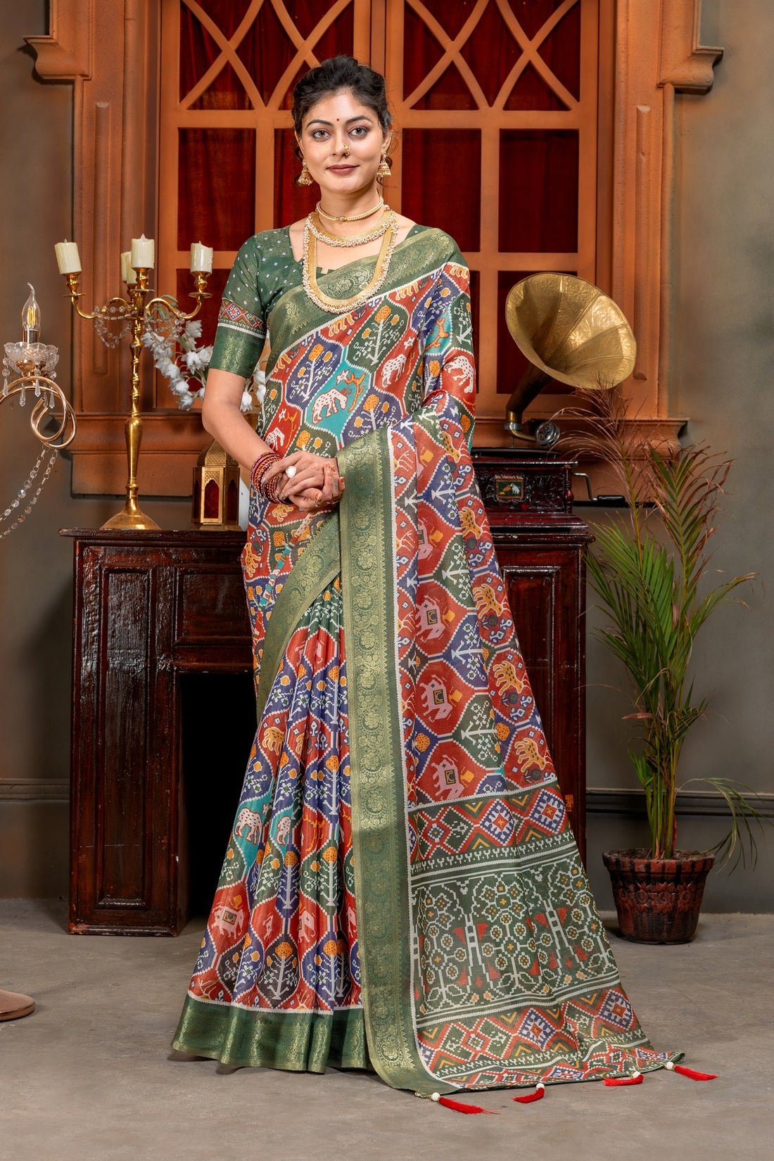 Vibrant Multicolored Patola Art Silk Saree with Elegant Zari Border