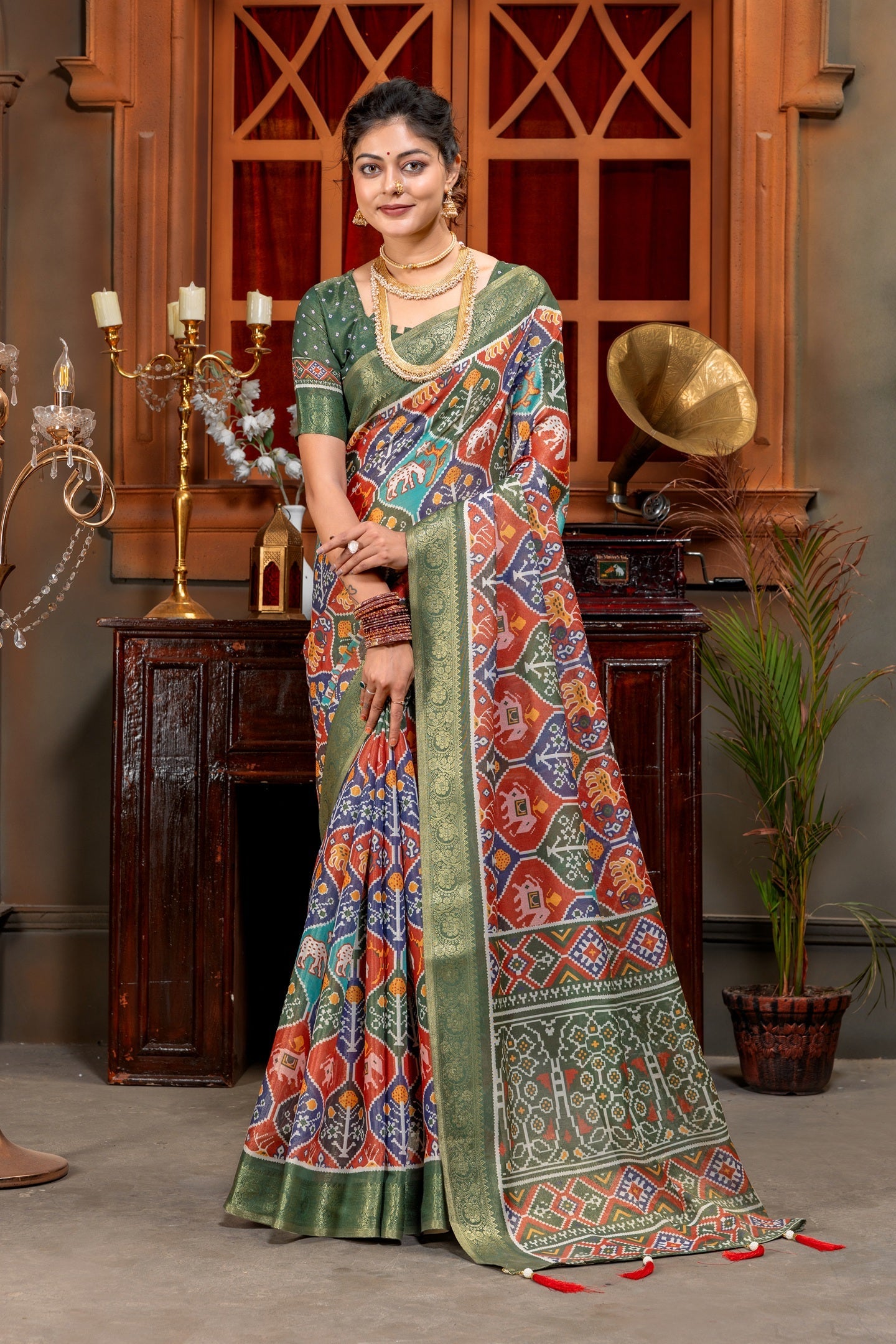 Vibrant Multicolored Patola Art Silk Saree with Elegant Zari Border