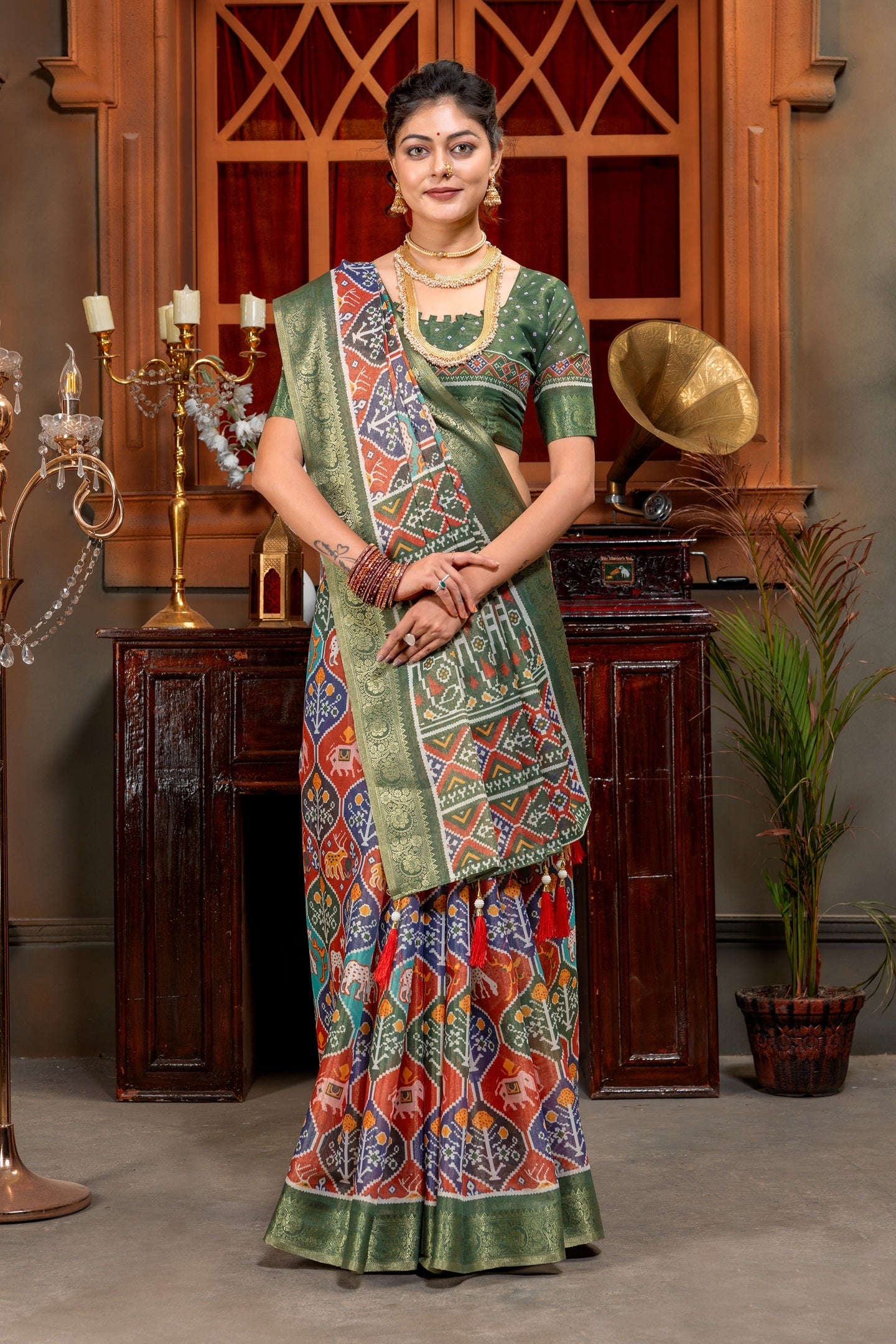 Vibrant Multicolored Patola Art Silk Saree with Elegant Zari Border