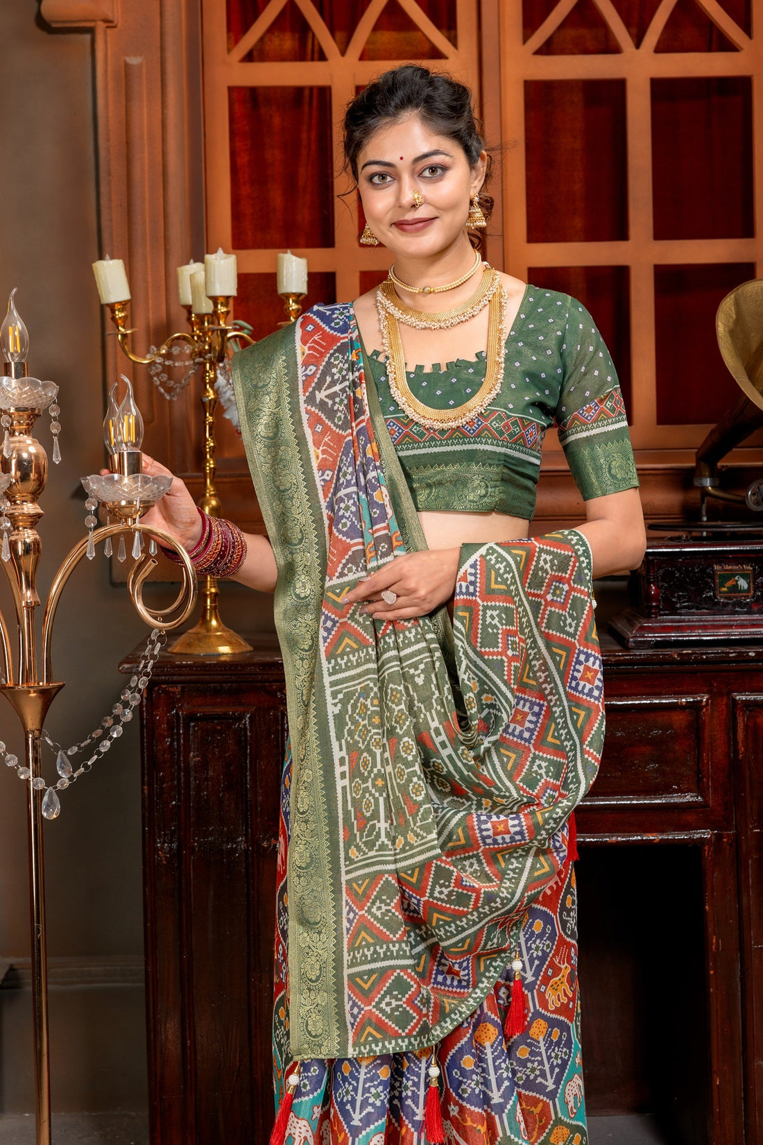 Vibrant Multicolored Patola Art Silk Saree with Elegant Zari Border