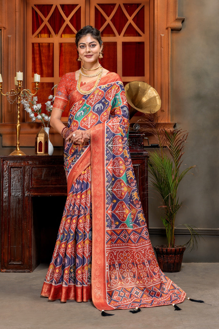 Vibrant Multi-Color Patola Print Art Silk Saree with Zari Border