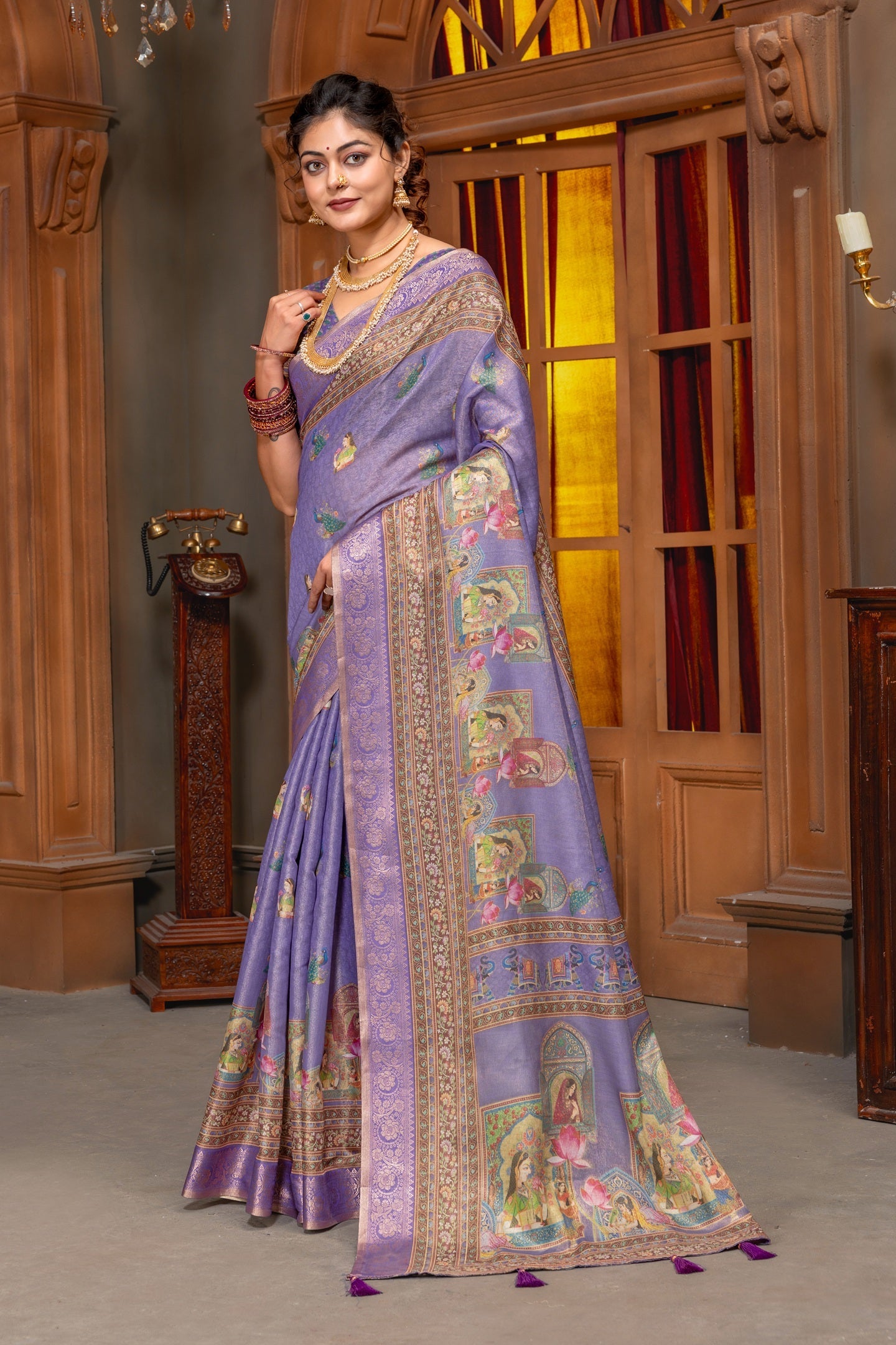 Elegant Lavender Digital Print Silk Blend Saree with Mythological Motifs & Zari Border