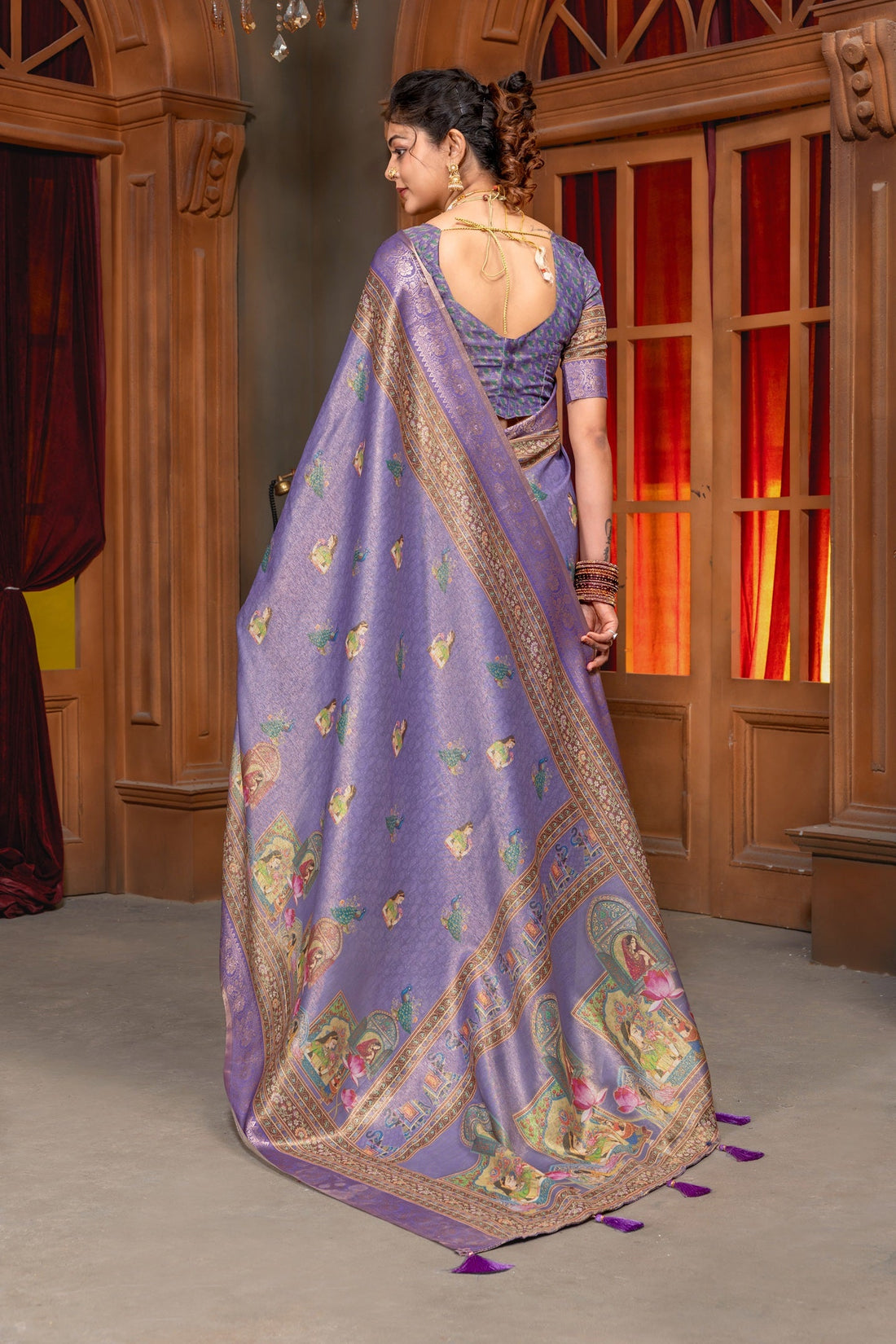 Elegant Lavender Digital Print Silk Blend Saree with Mythological Motifs & Zari Border