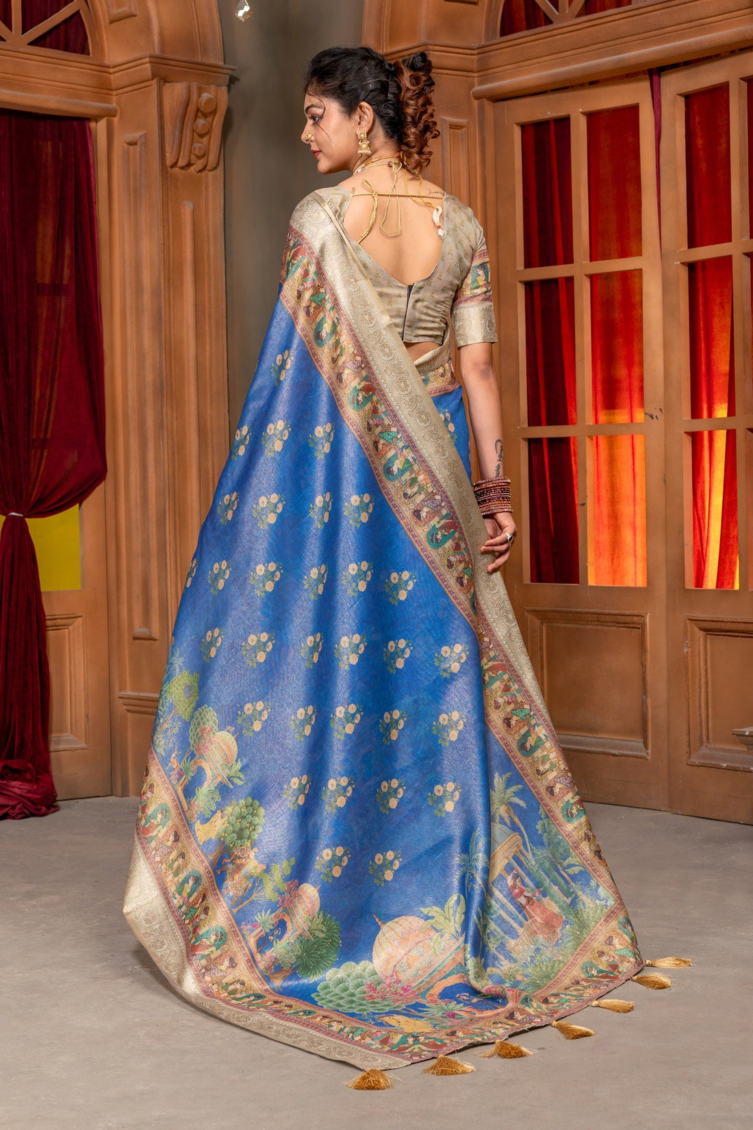 Royal Blue Tusser Silk Saree with Exquisite Mythological Pichwai Prints and Zari Border