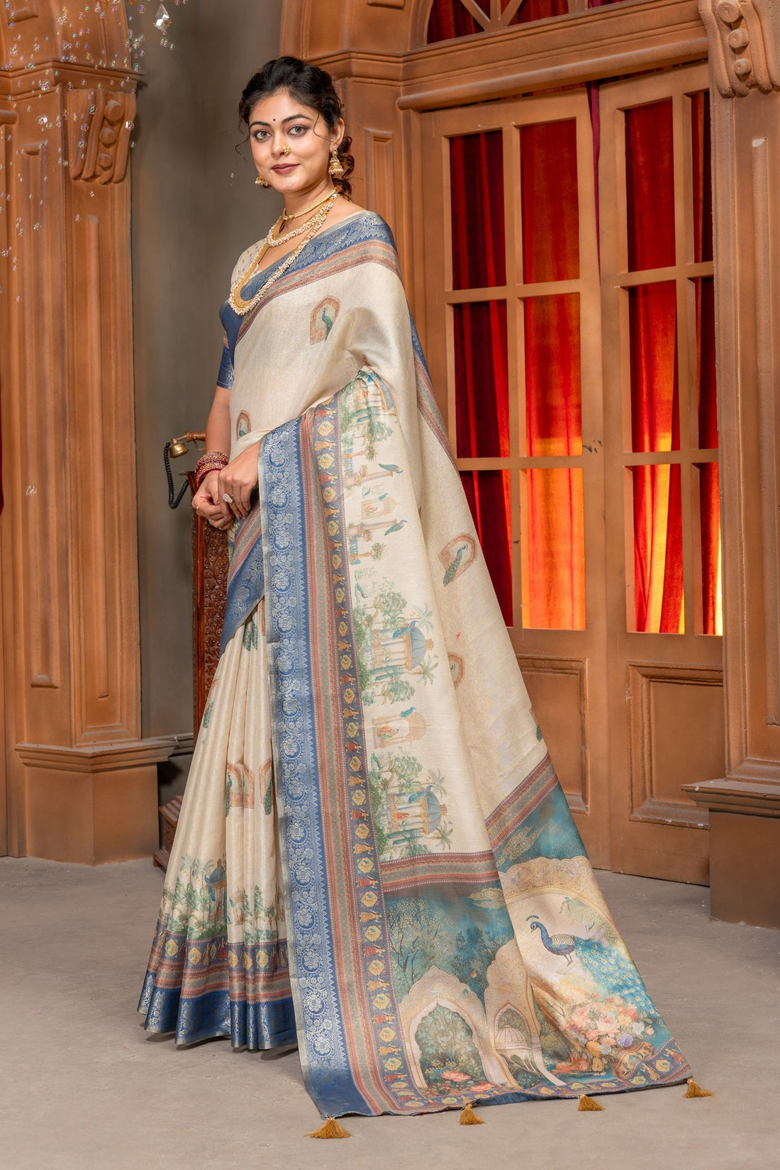 Regal Off-White Tussar Silk Saree with Intricate Pichwai Art & Zari Border