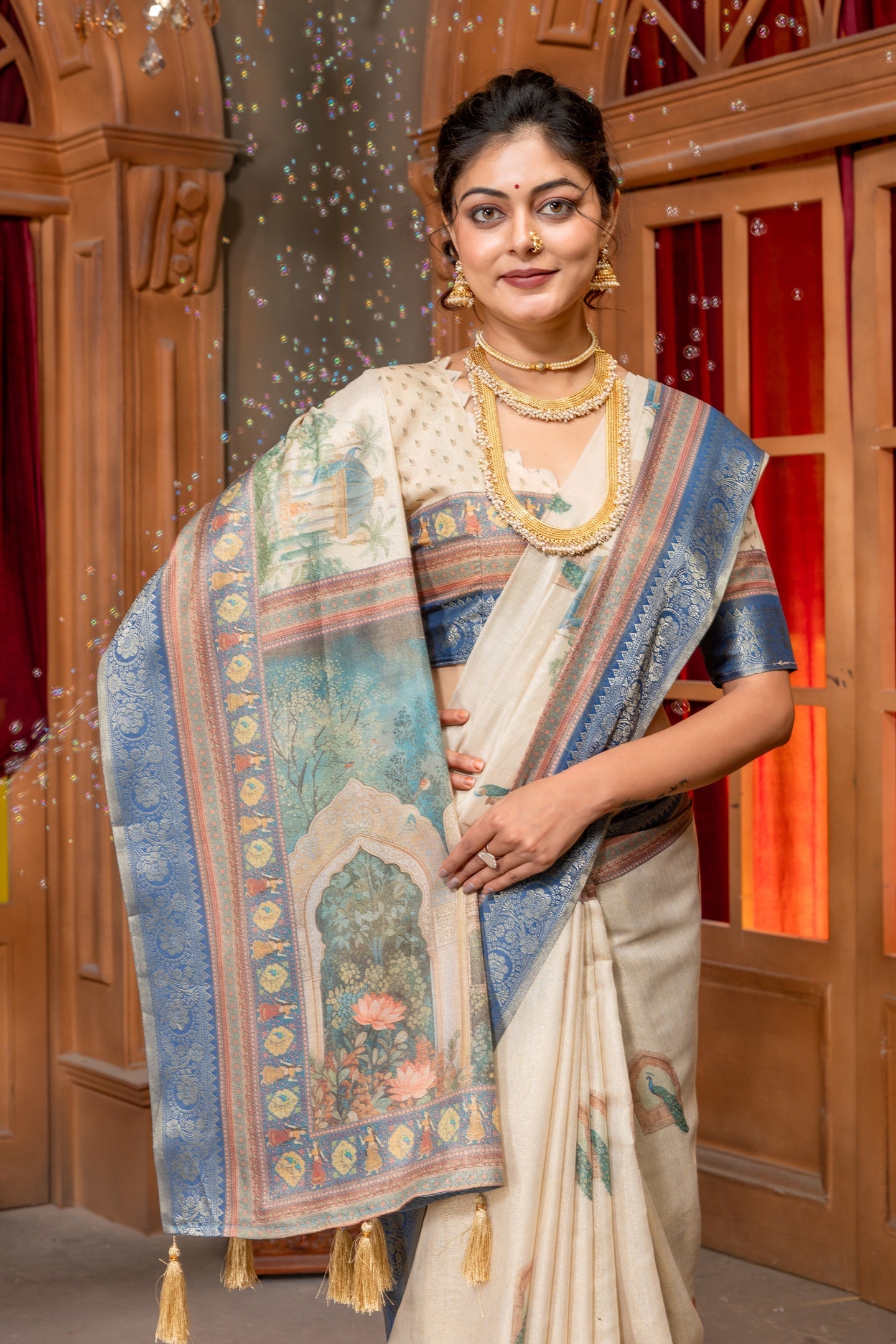Regal Off-White Tussar Silk Saree with Intricate Pichwai Art & Zari Border
