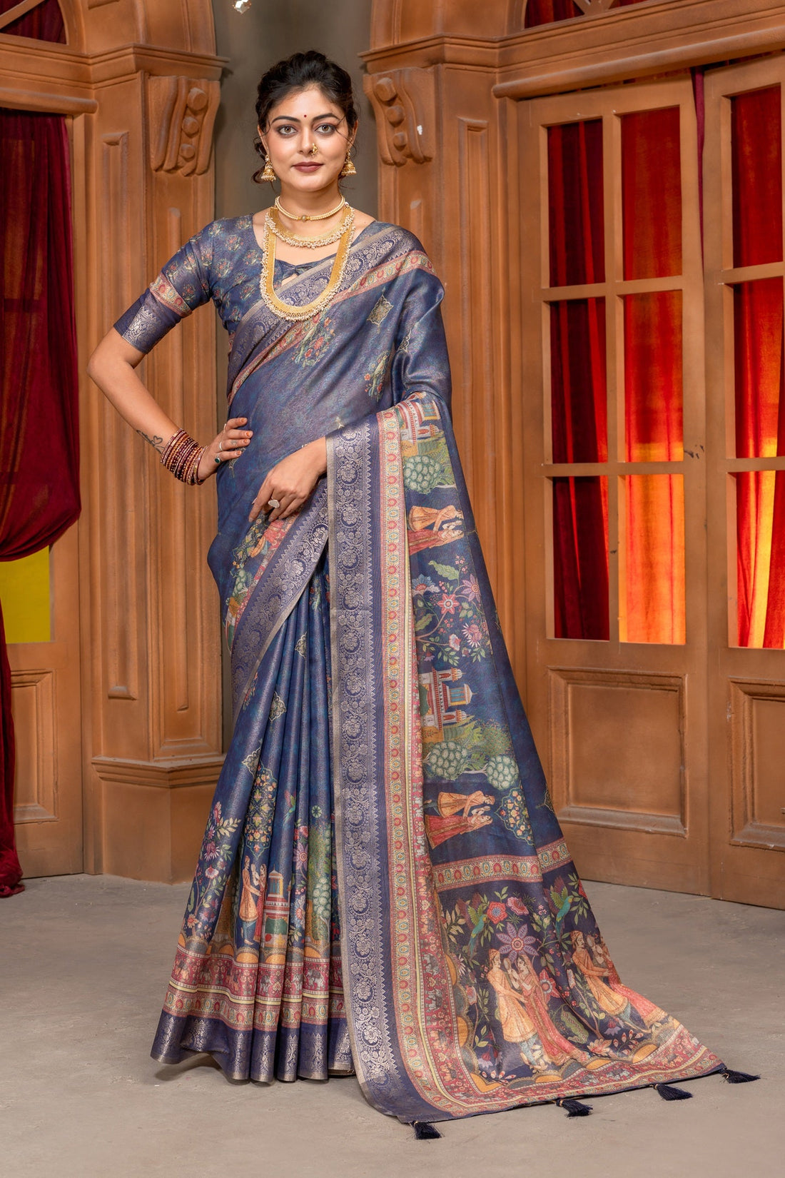 Enchanting Navy Blue Silk Blend Saree with Ornate Pichwai-Inspired Prints