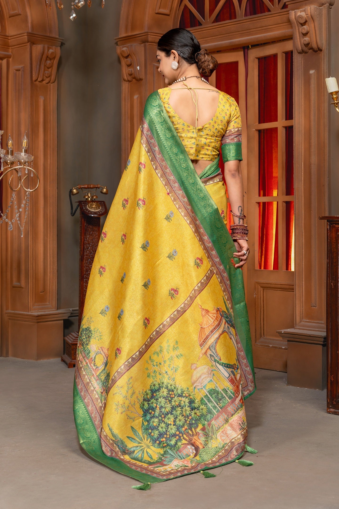 Radiant Yellow Tussar Silk Saree with Mughal Garden Digital Print