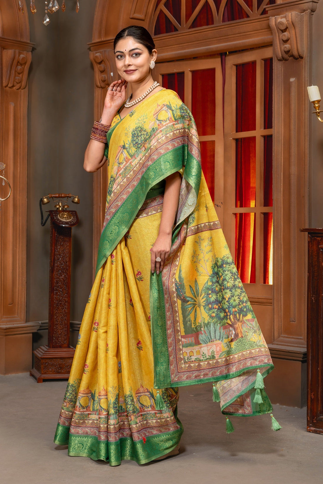 Radiant Yellow Tussar Silk Saree with Mughal Garden Digital Print