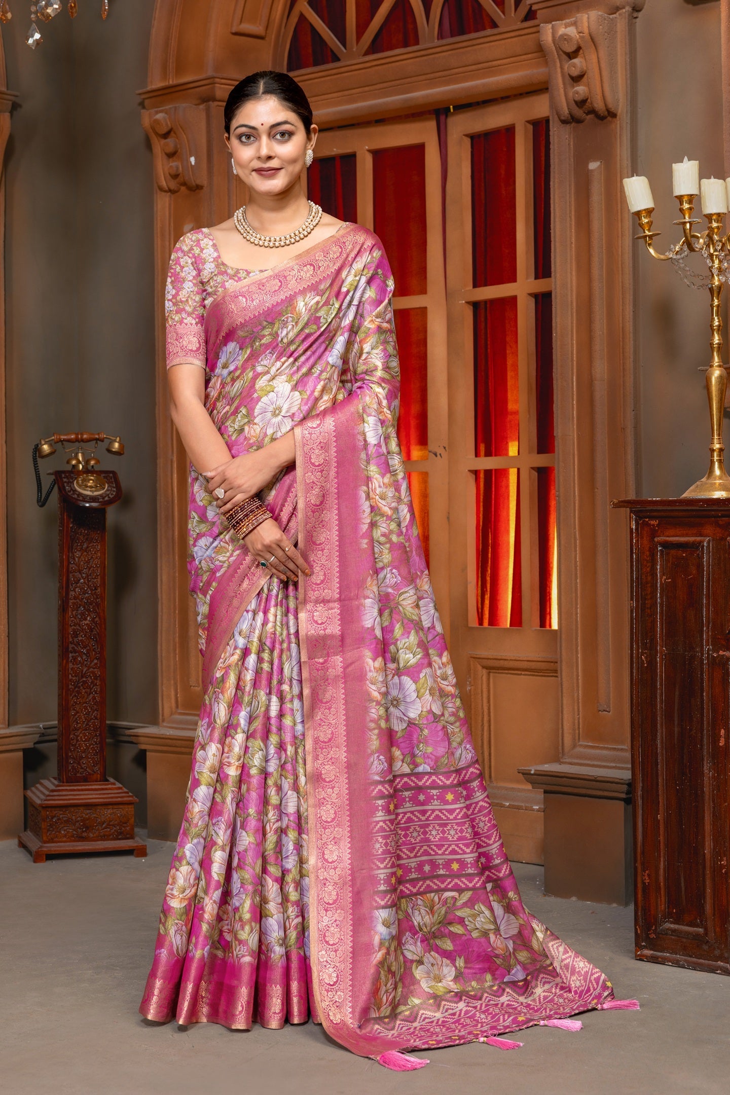 Radiant Pink Floral Digital Print Art Silk Saree with Elegant Zari Border