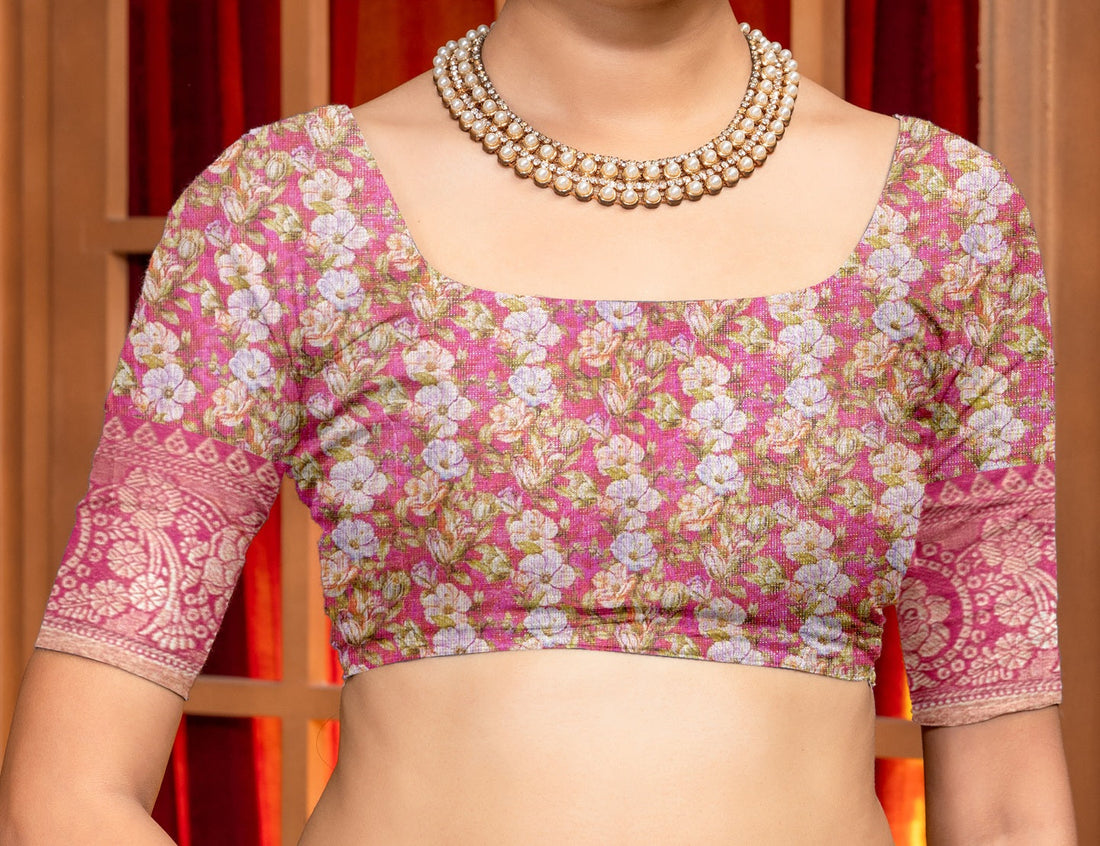 Radiant Pink Floral Digital Print Art Silk Saree with Elegant Zari Border