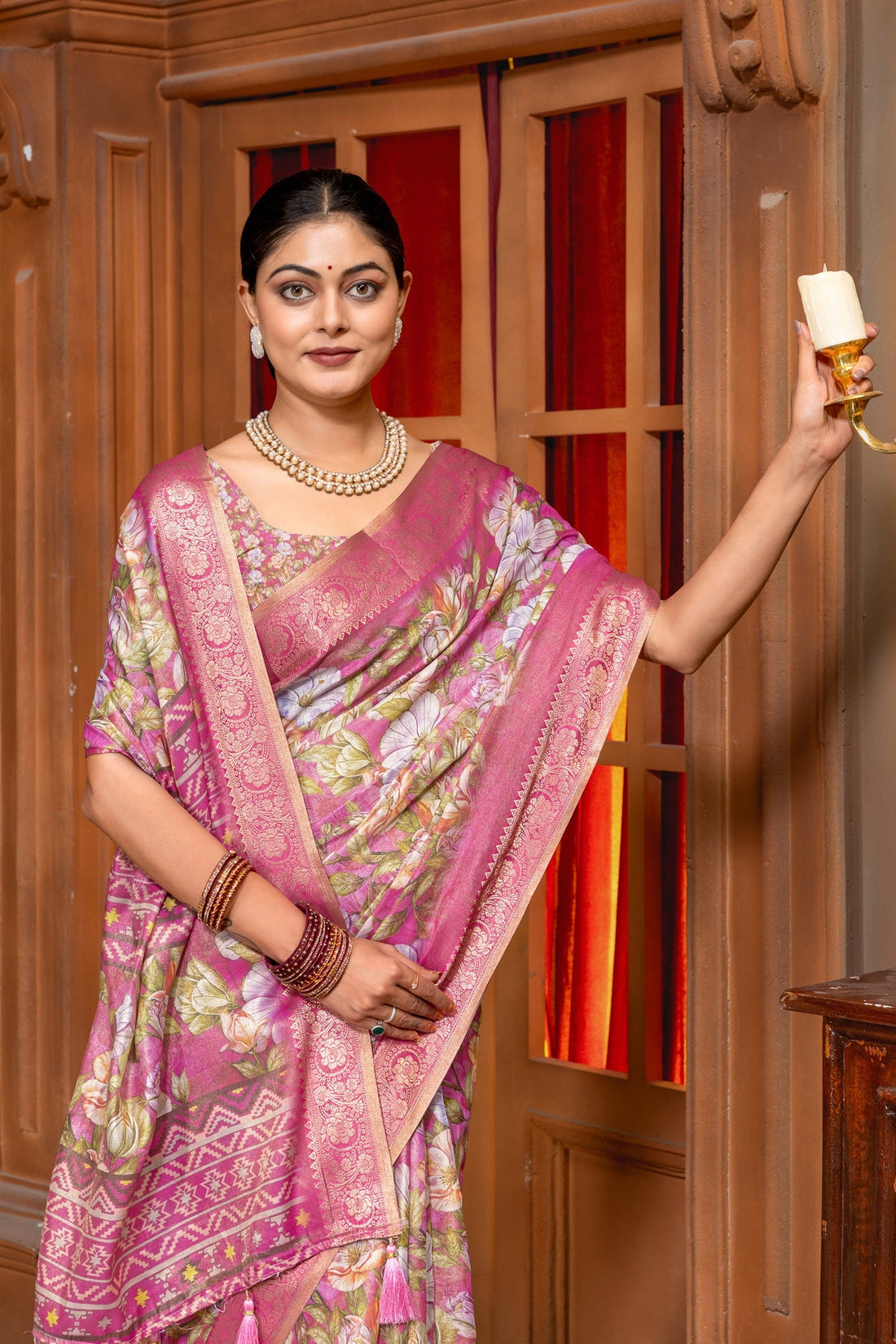 Radiant Pink Floral Digital Print Art Silk Saree with Elegant Zari Border