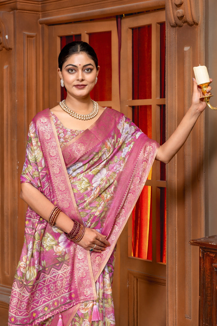 Radiant Pink Floral Digital Print Art Silk Saree with Elegant Zari Border