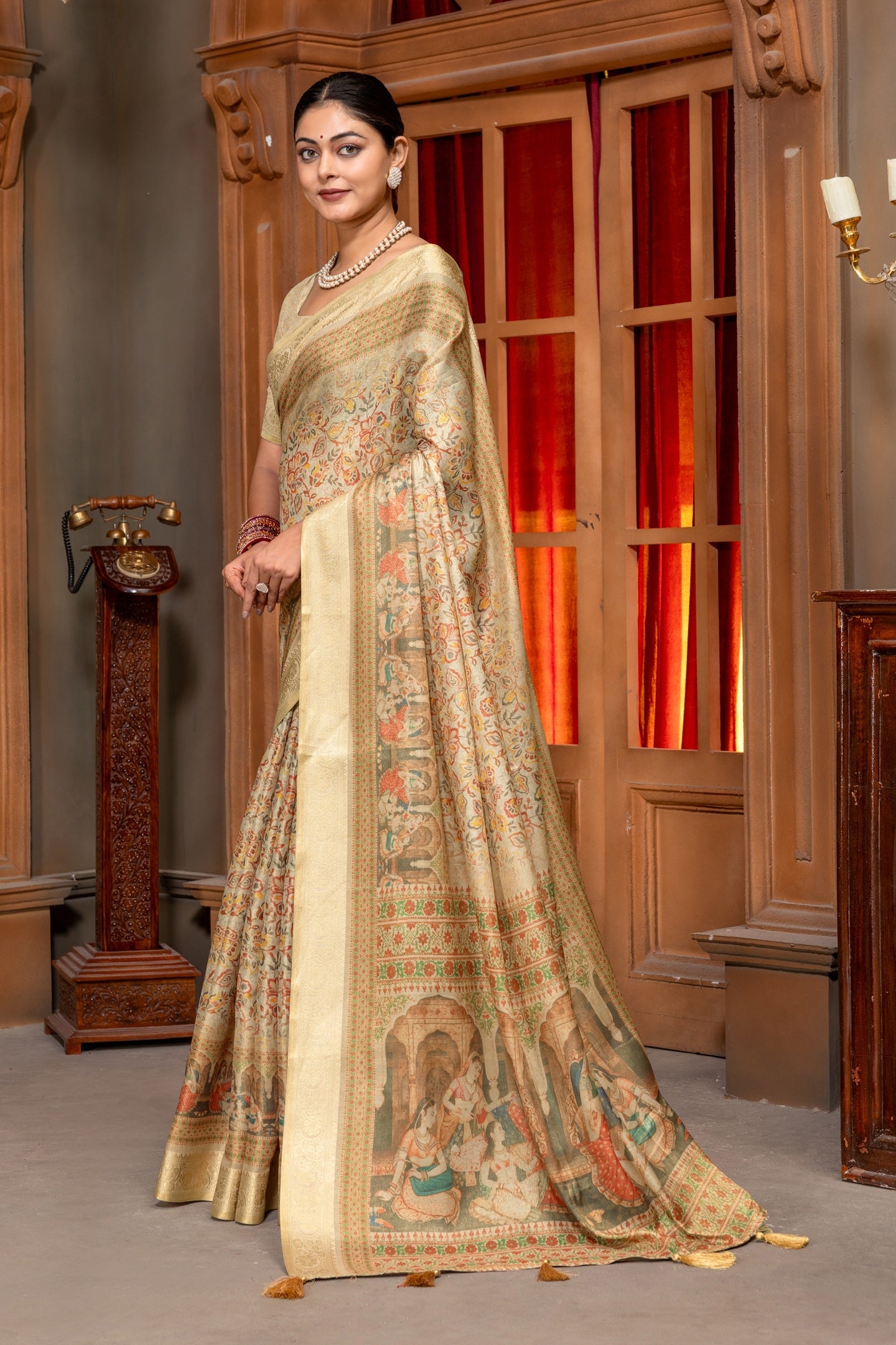 Elegant Beige Art Silk Saree with Mughal Digital Print and Golden Zari Border