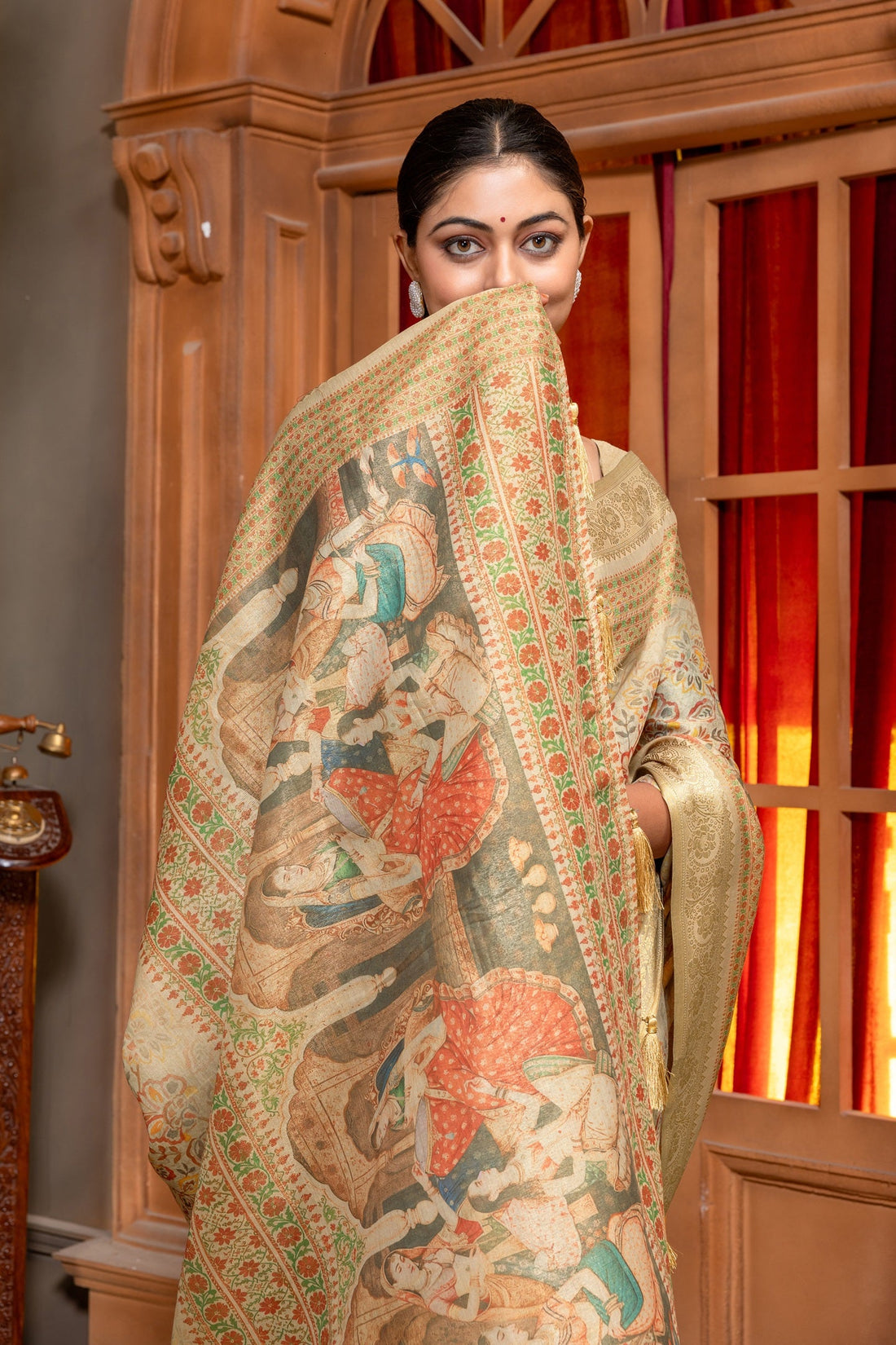 Elegant Beige Art Silk Saree with Mughal Digital Print and Golden Zari Border