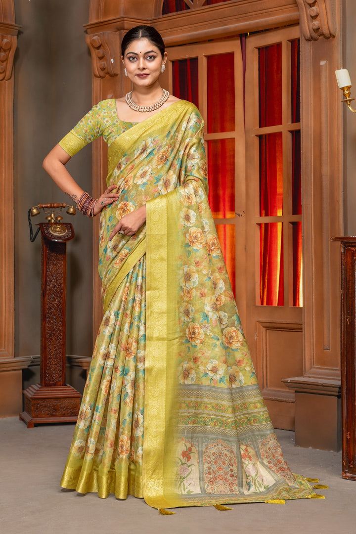 Elegant Olive Green Floral Digital Print Organza Silk Saree with Zari Border