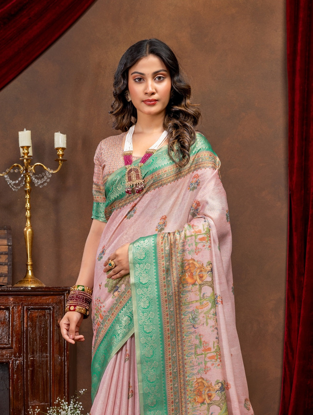 Enchanting Baby Pink Art Silk Saree with Traditional Digital Print & Emerald Green Border