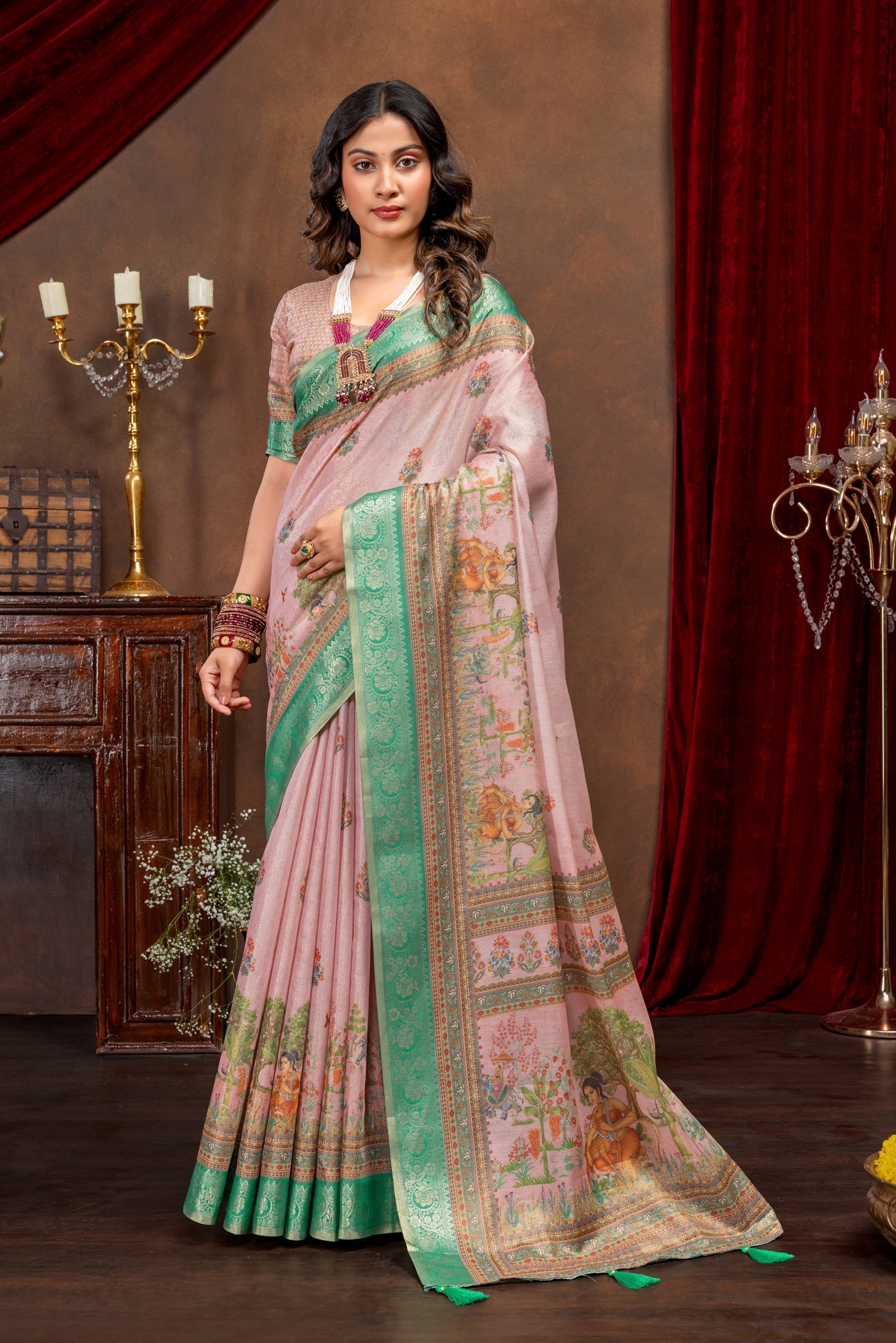 Enchanting Baby Pink Art Silk Saree with Traditional Digital Print & Emerald Green Border