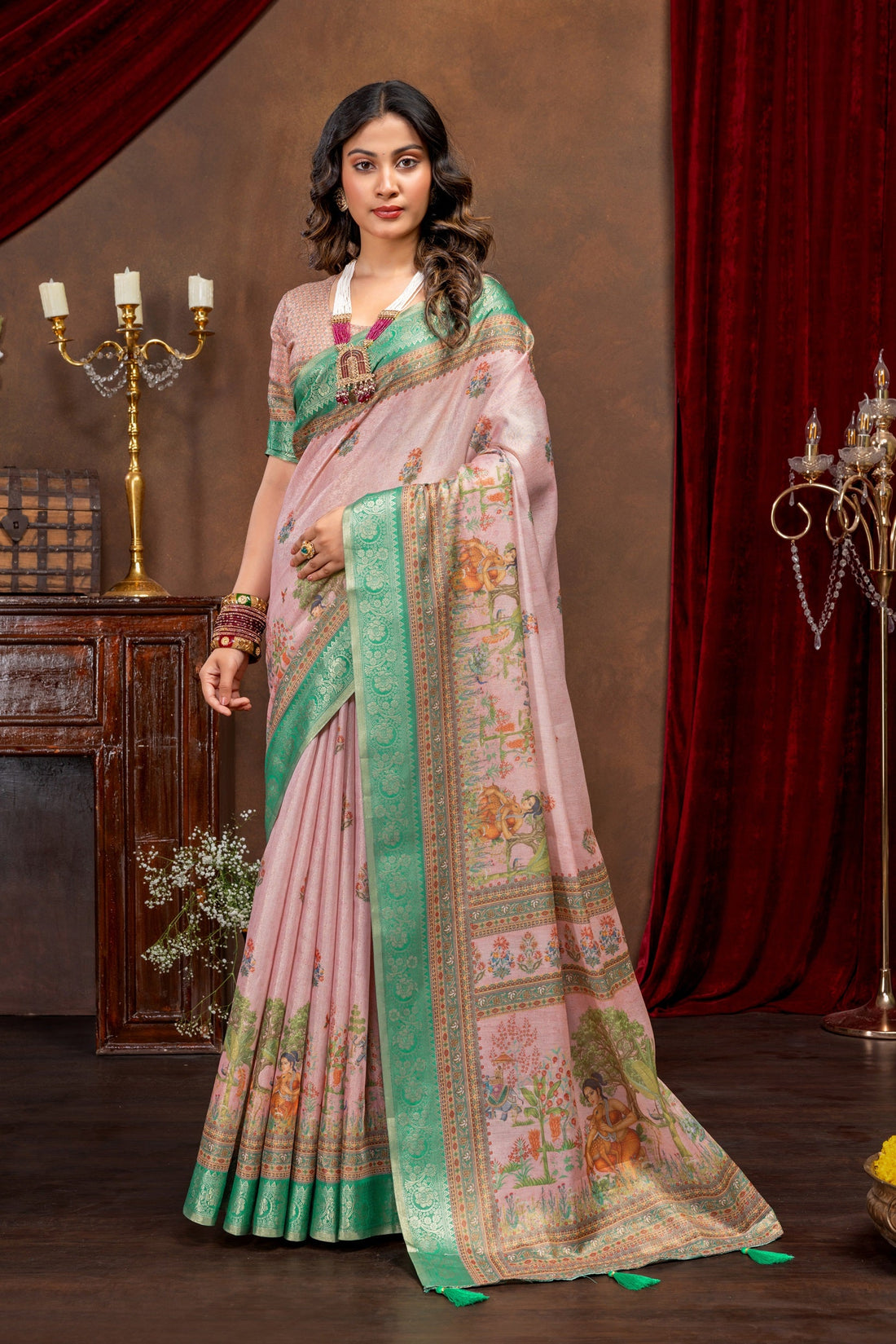 Enchanting Baby Pink Art Silk Saree with Traditional Digital Print & Emerald Green Border