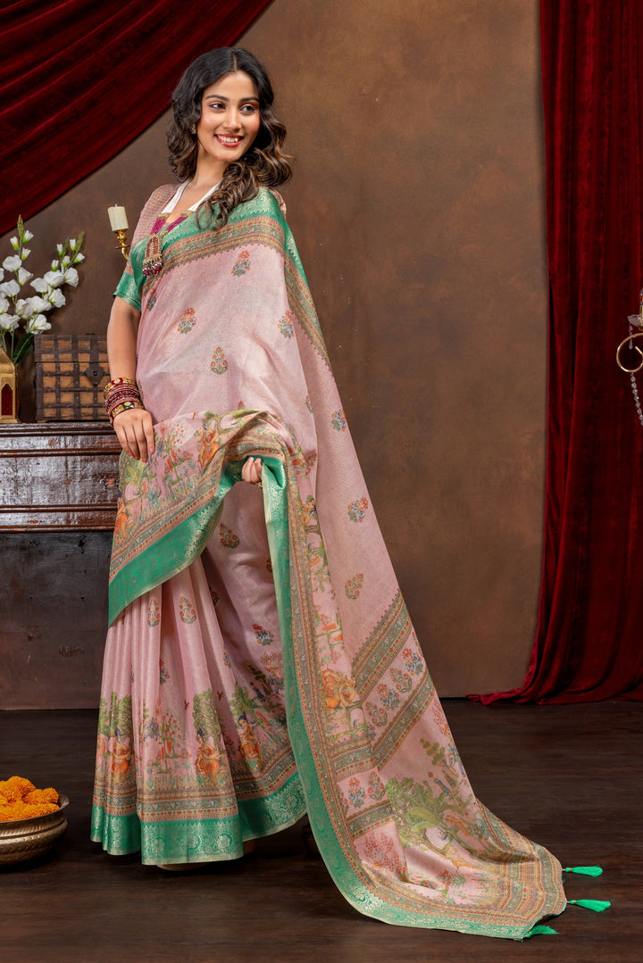 Enchanting Baby Pink Art Silk Saree with Traditional Digital Print & Emerald Green Border