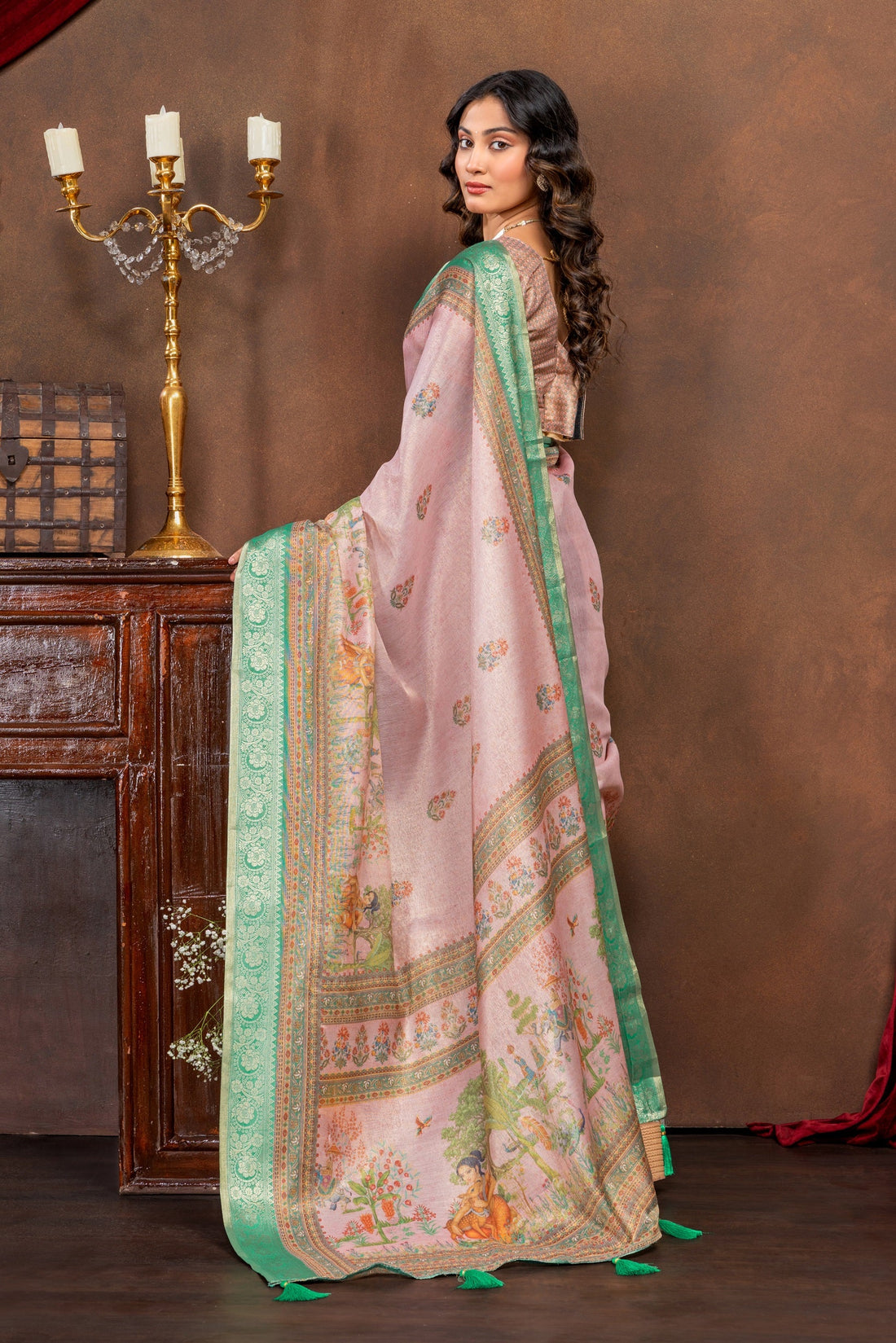 Enchanting Baby Pink Art Silk Saree with Traditional Digital Print & Emerald Green Border