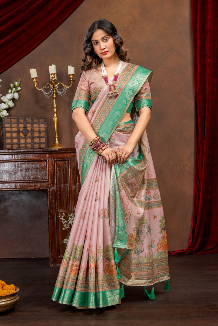 Enchanting Baby Pink Art Silk Saree with Traditional Digital Print & Emerald Green Border