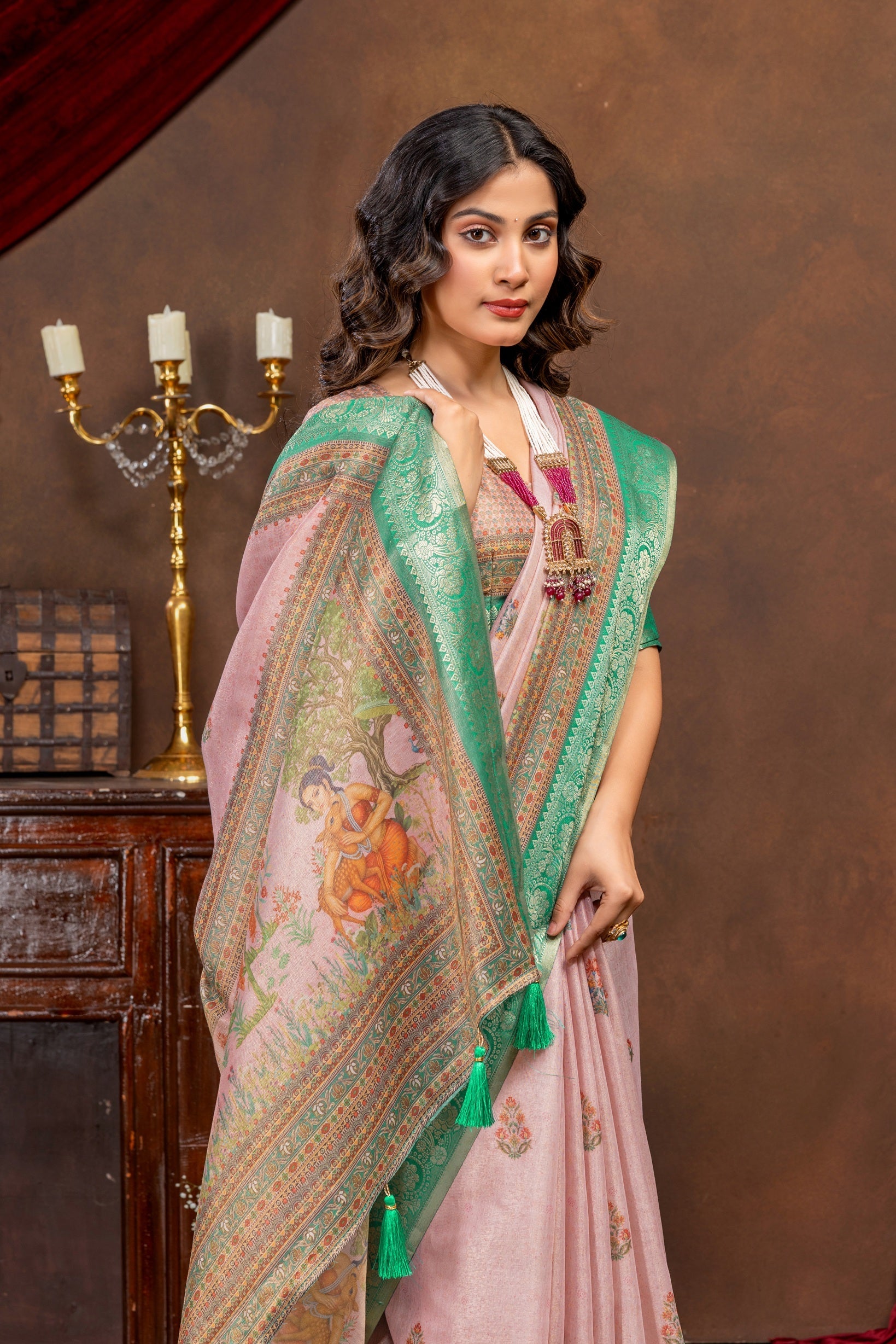 Enchanting Baby Pink Art Silk Saree with Traditional Digital Print & Emerald Green Border