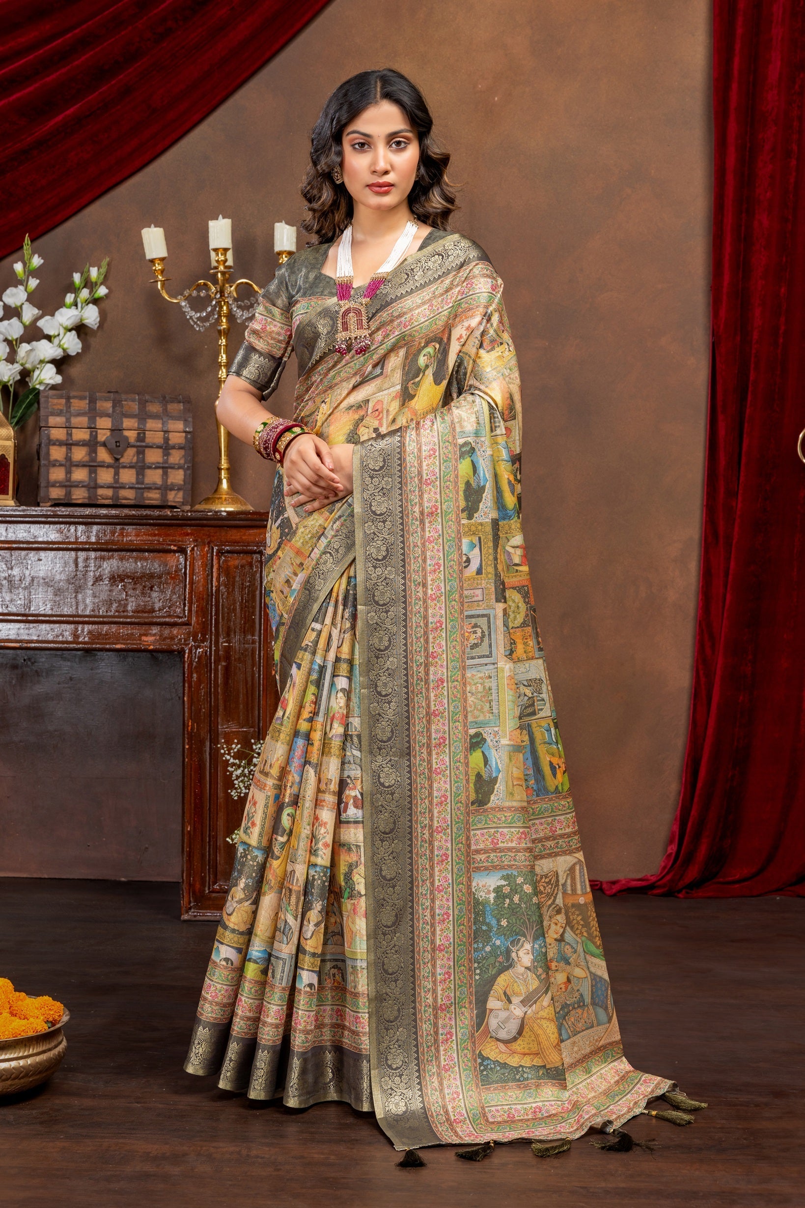 Royal Heritage Collage Digital Print Art Silk Saree