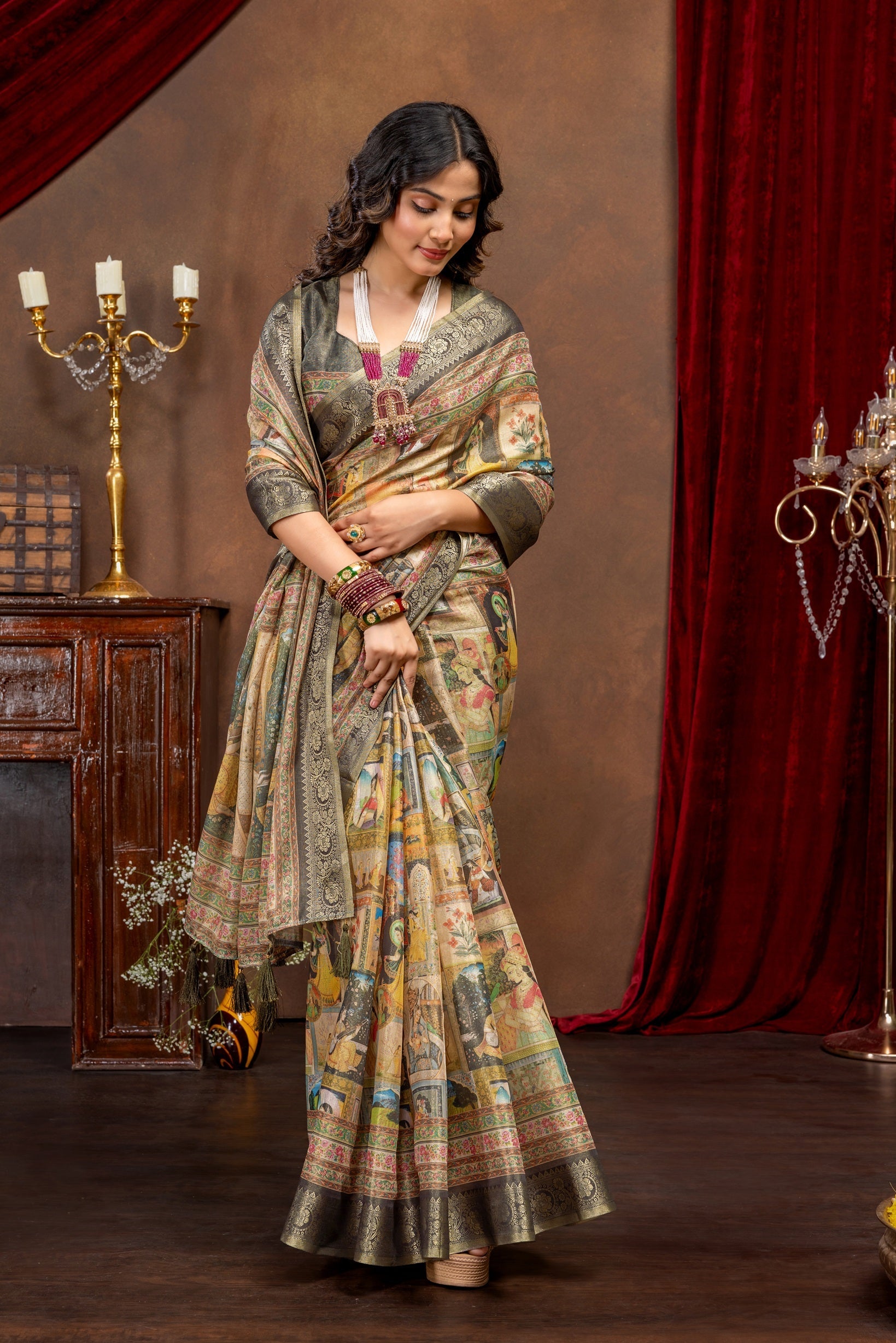Royal Heritage Collage Digital Print Art Silk Saree