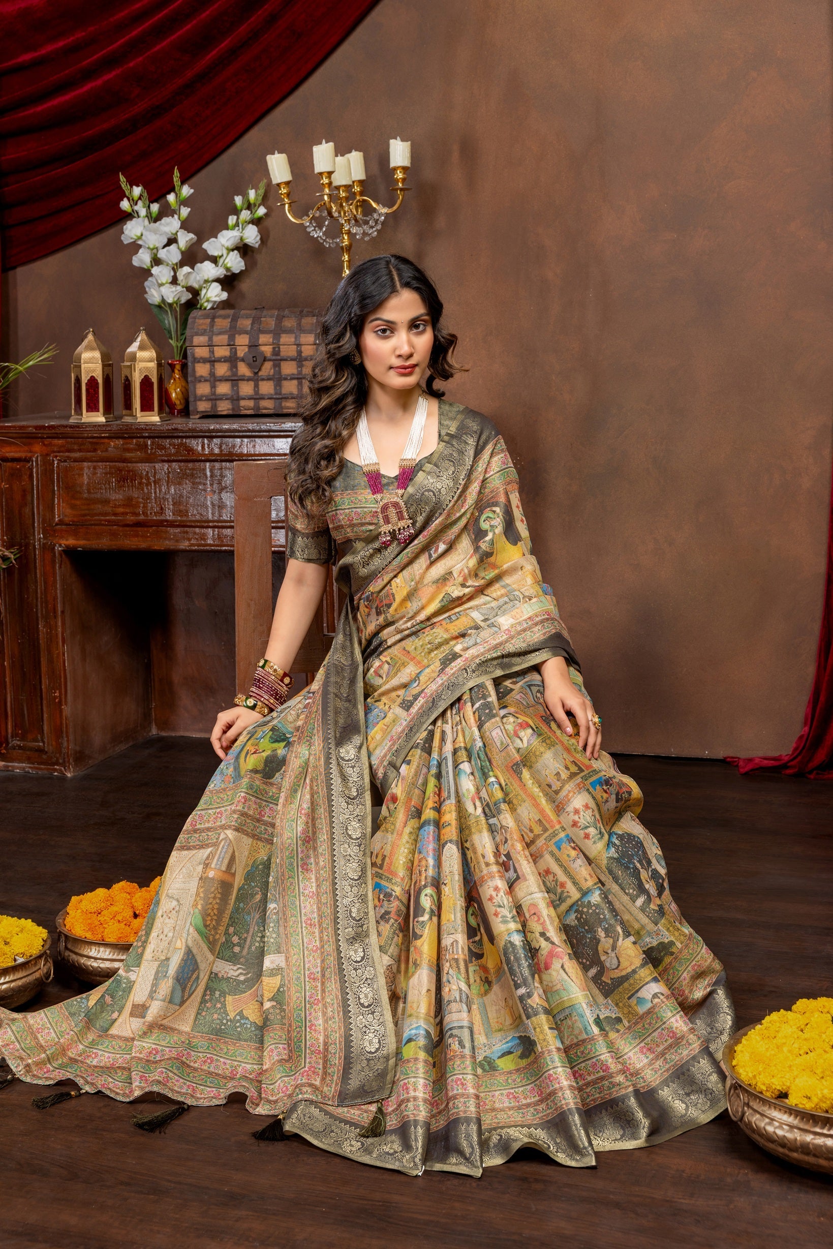 Royal Heritage Collage Digital Print Art Silk Saree
