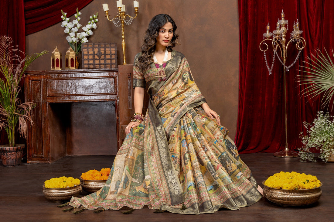 Royal Heritage Collage Digital Print Art Silk Saree