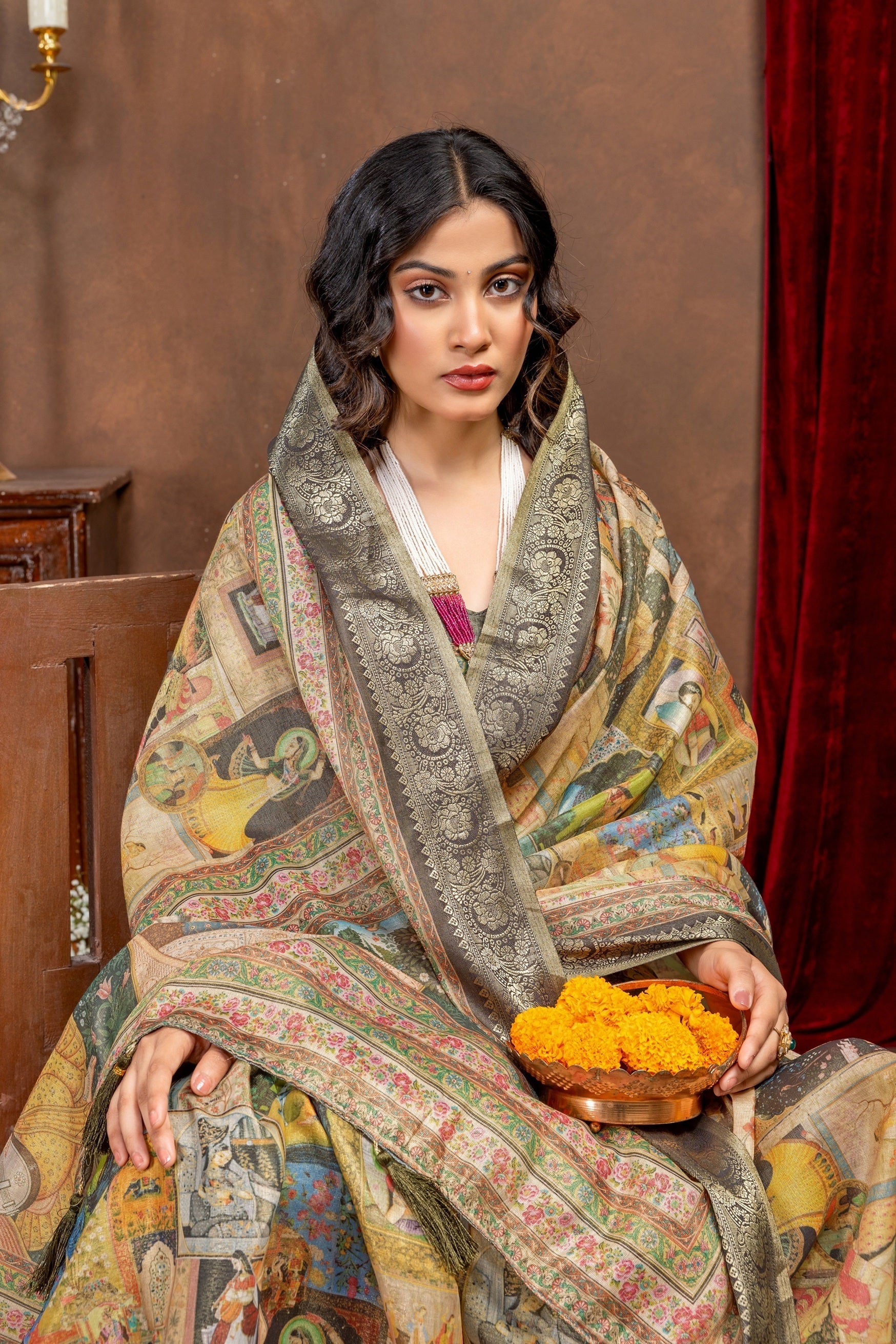 Royal Heritage Collage Digital Print Art Silk Saree