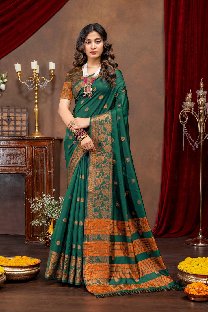Elegant Emerald Banarasi Silk Saree with Ornate Copper Zari Work
