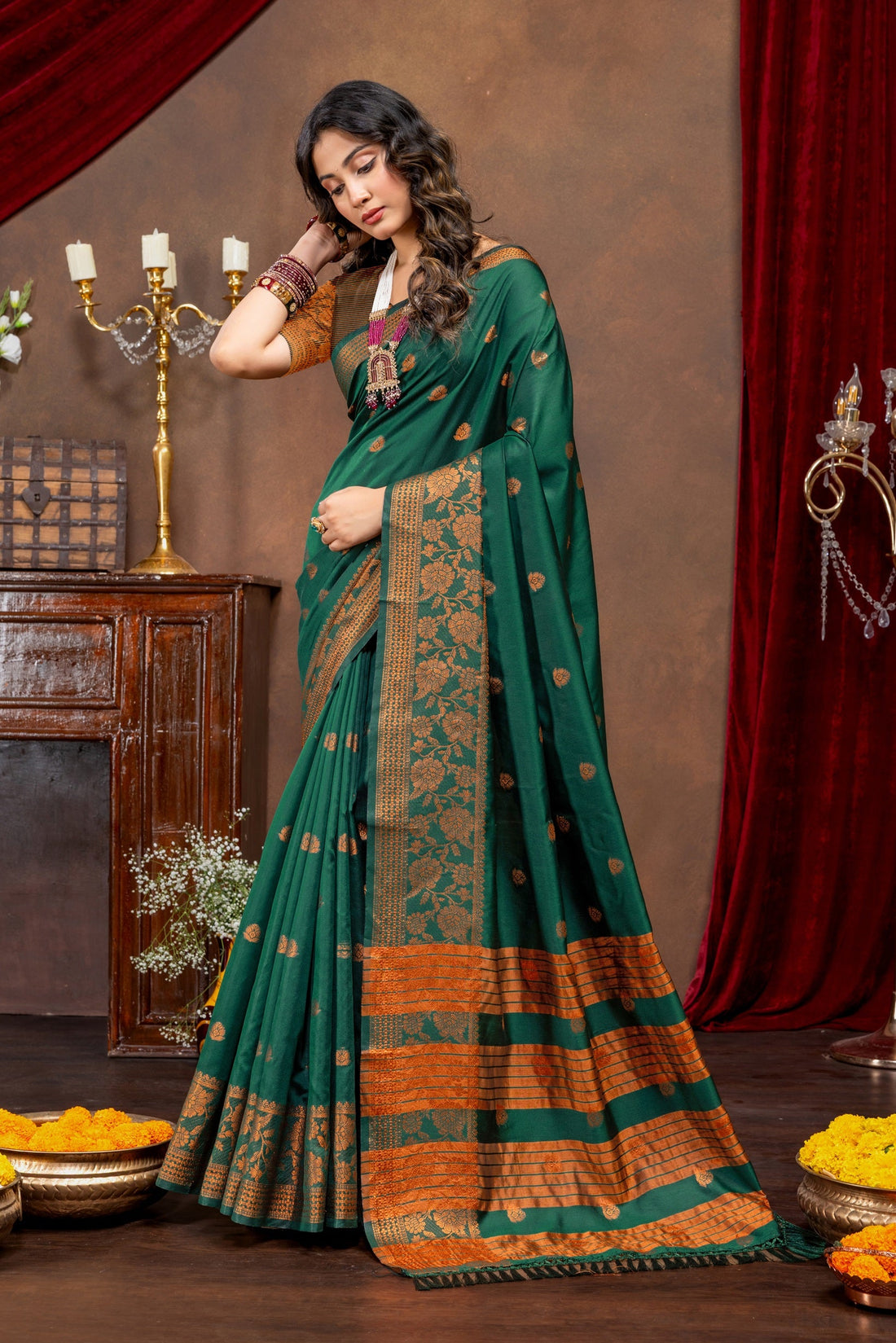 Elegant Emerald Banarasi Silk Saree with Ornate Copper Zari Work