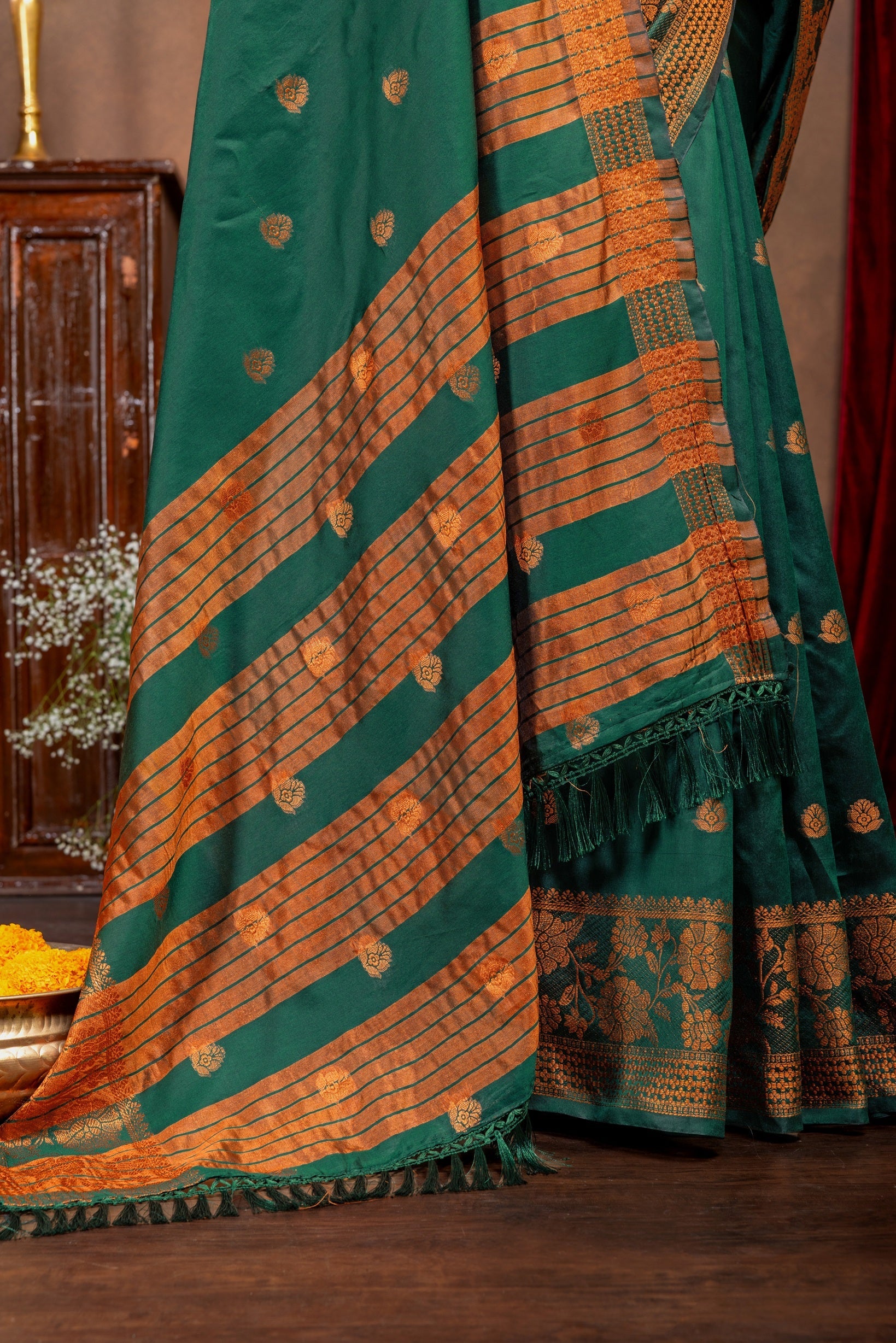 Elegant Emerald Banarasi Silk Saree with Ornate Copper Zari Work