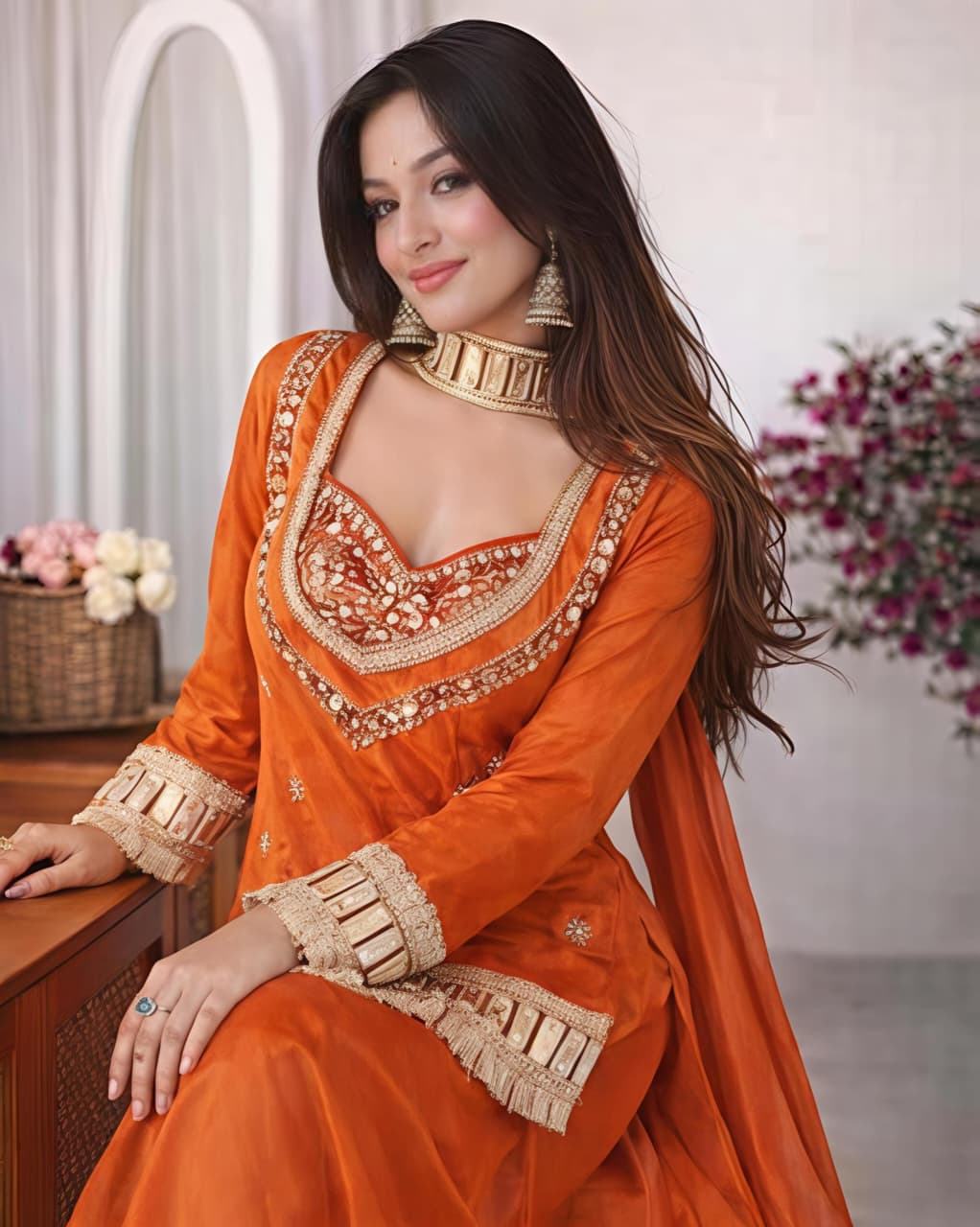 Women's Chinon Embroidered Mirror Work Kurta Palazzo Set with Dupatta – Rust & White