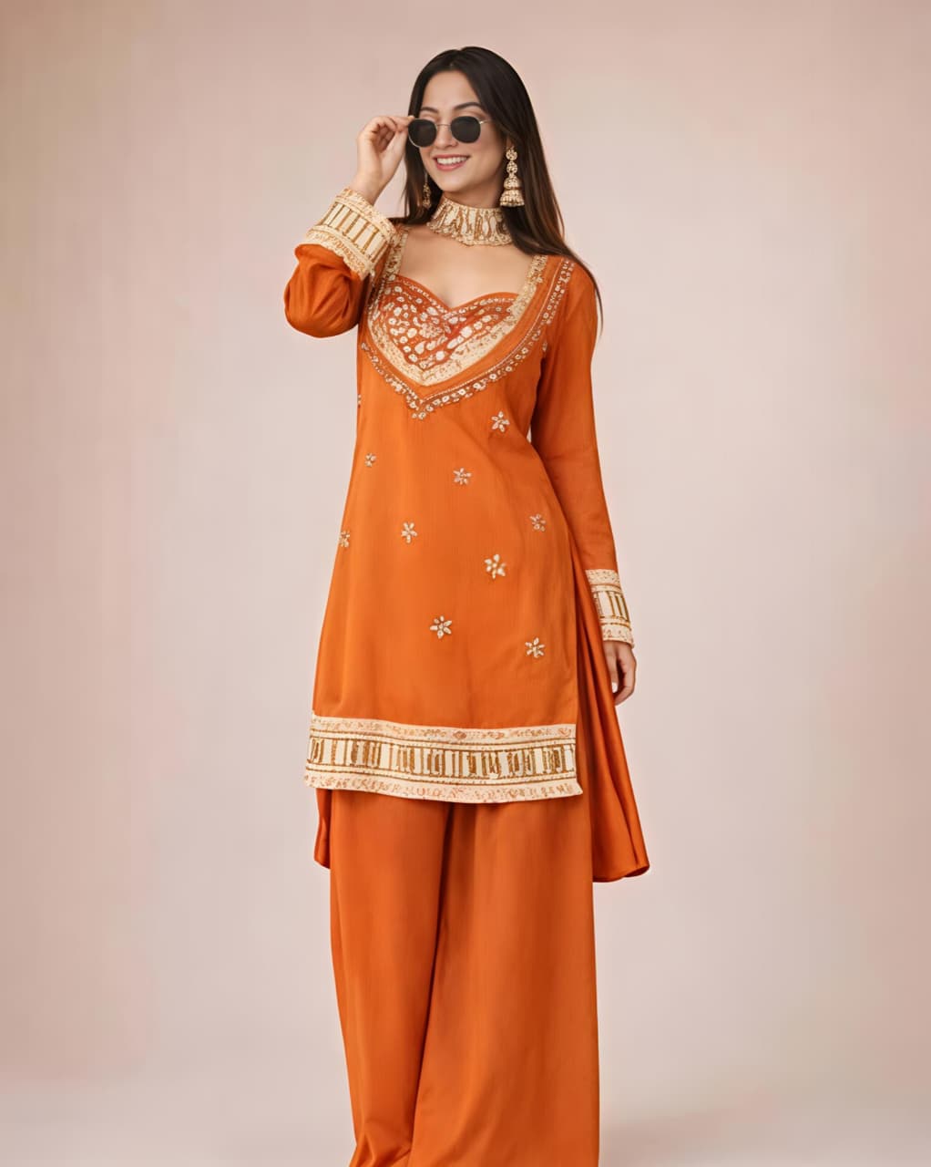 Women's Chinon Embroidered Mirror Work Kurta Palazzo Set with Dupatta – Rust & White