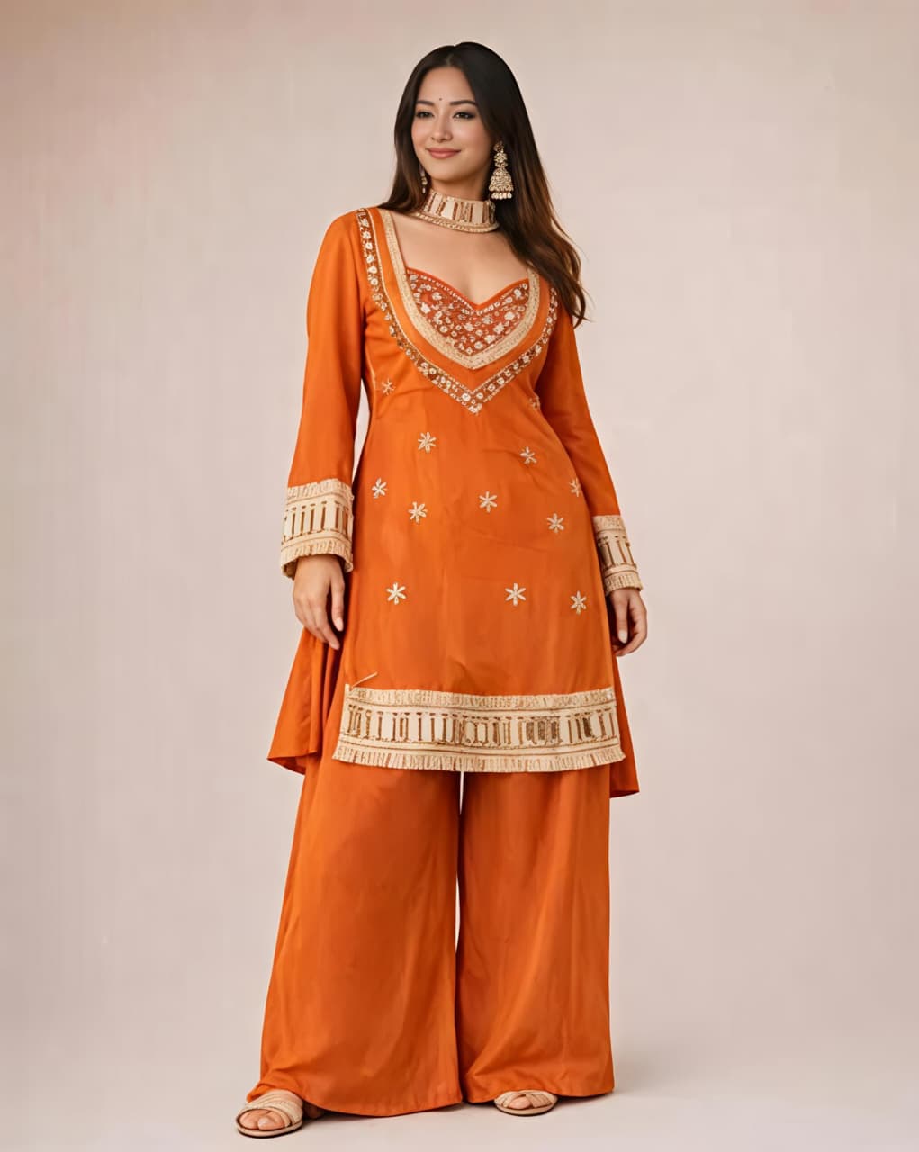 Women's Chinon Embroidered Mirror Work Kurta Palazzo Set with Dupatta – Rust & White