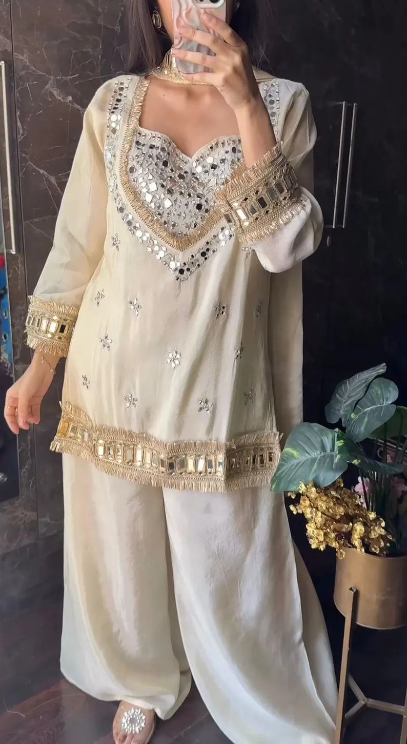 Women's Chinon Embroidered Mirror Work Kurta Palazzo Set with Dupatta – Rust & White