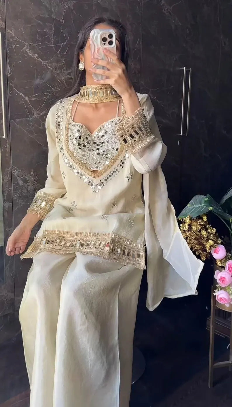 Women's Chinon Embroidered Mirror Work Kurta Palazzo Set with Dupatta – Rust & White