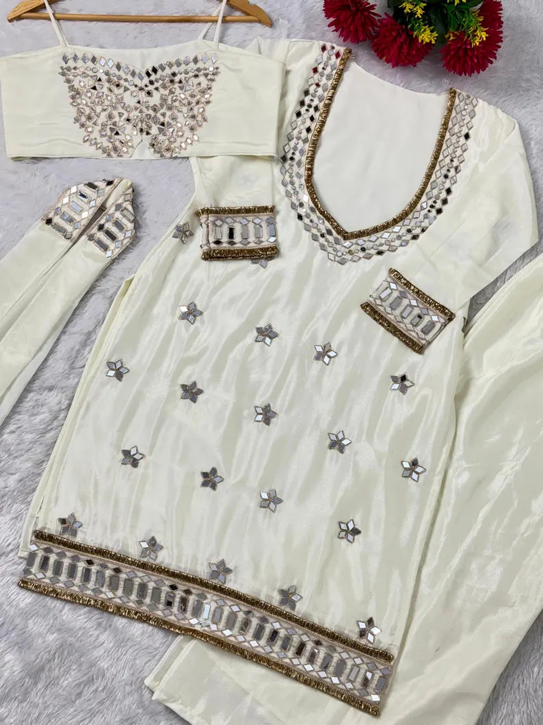 Women's Chinon Embroidered Mirror Work Kurta Palazzo Set with Dupatta – Rust & White